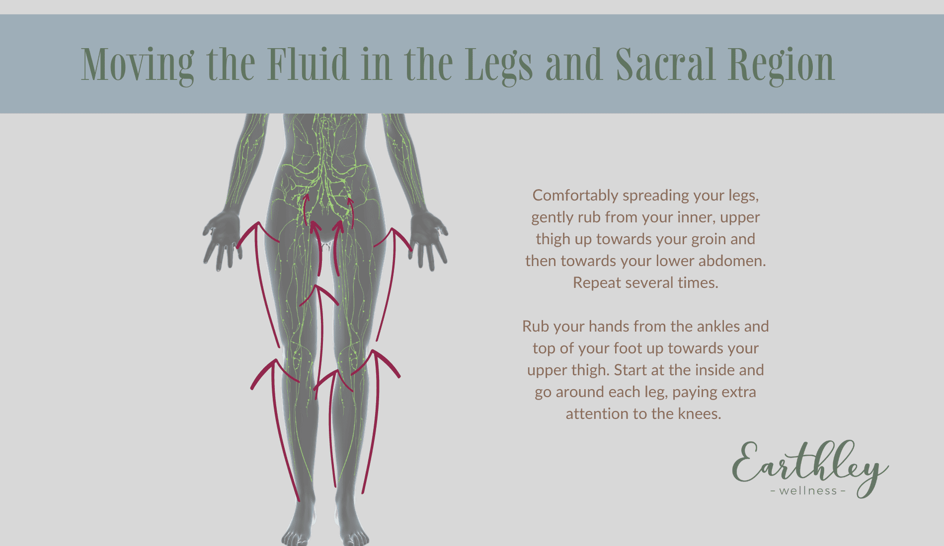 Moving the Fluid in the Legs and Sacral Region lymphatic massage instruction diagram showing front and back body views with directional arrows for massage technique
