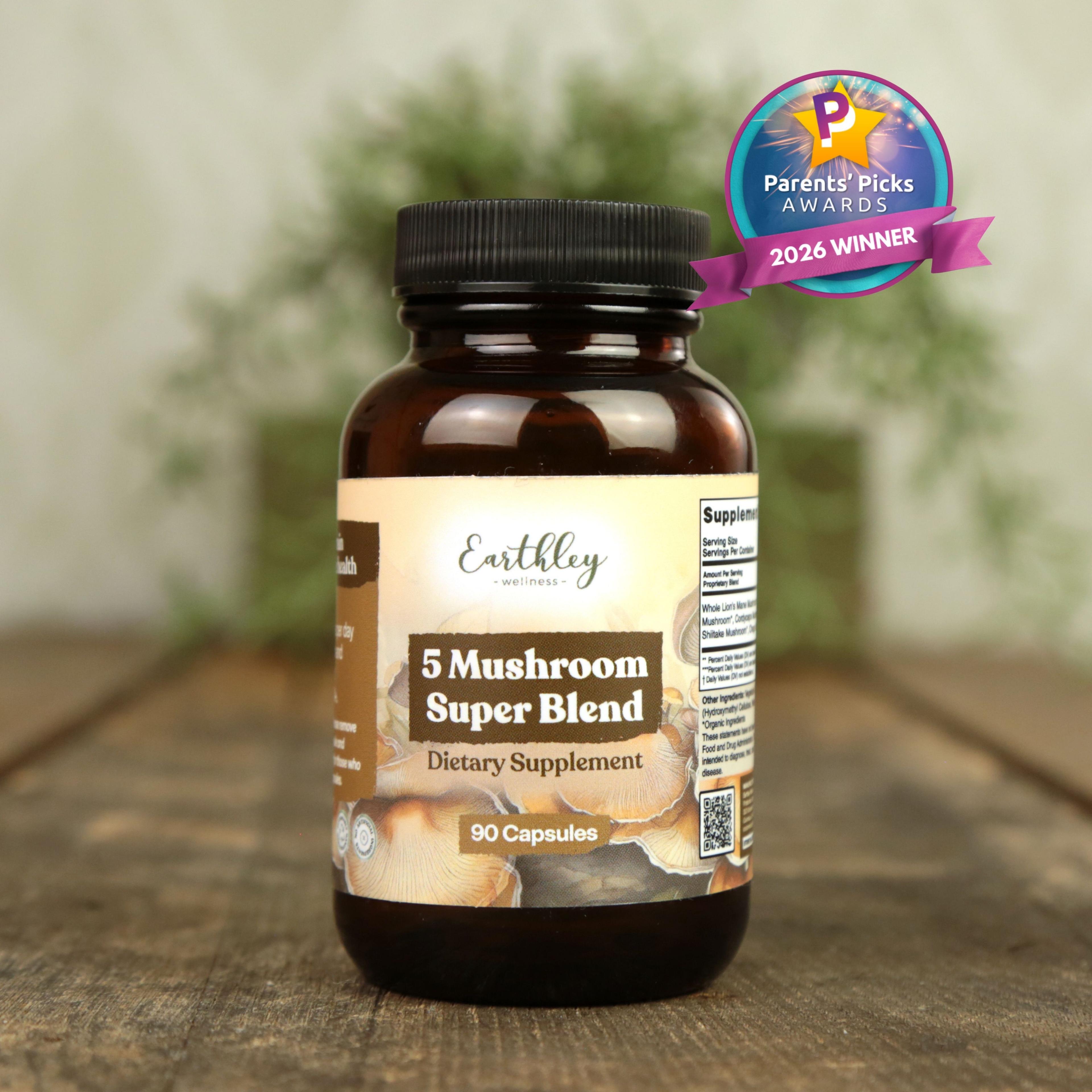 Earthley 5 Mushroom Super Blend supplement bottle with 90 capsules, featuring Parents' Picks Awards 2026 Winner badge