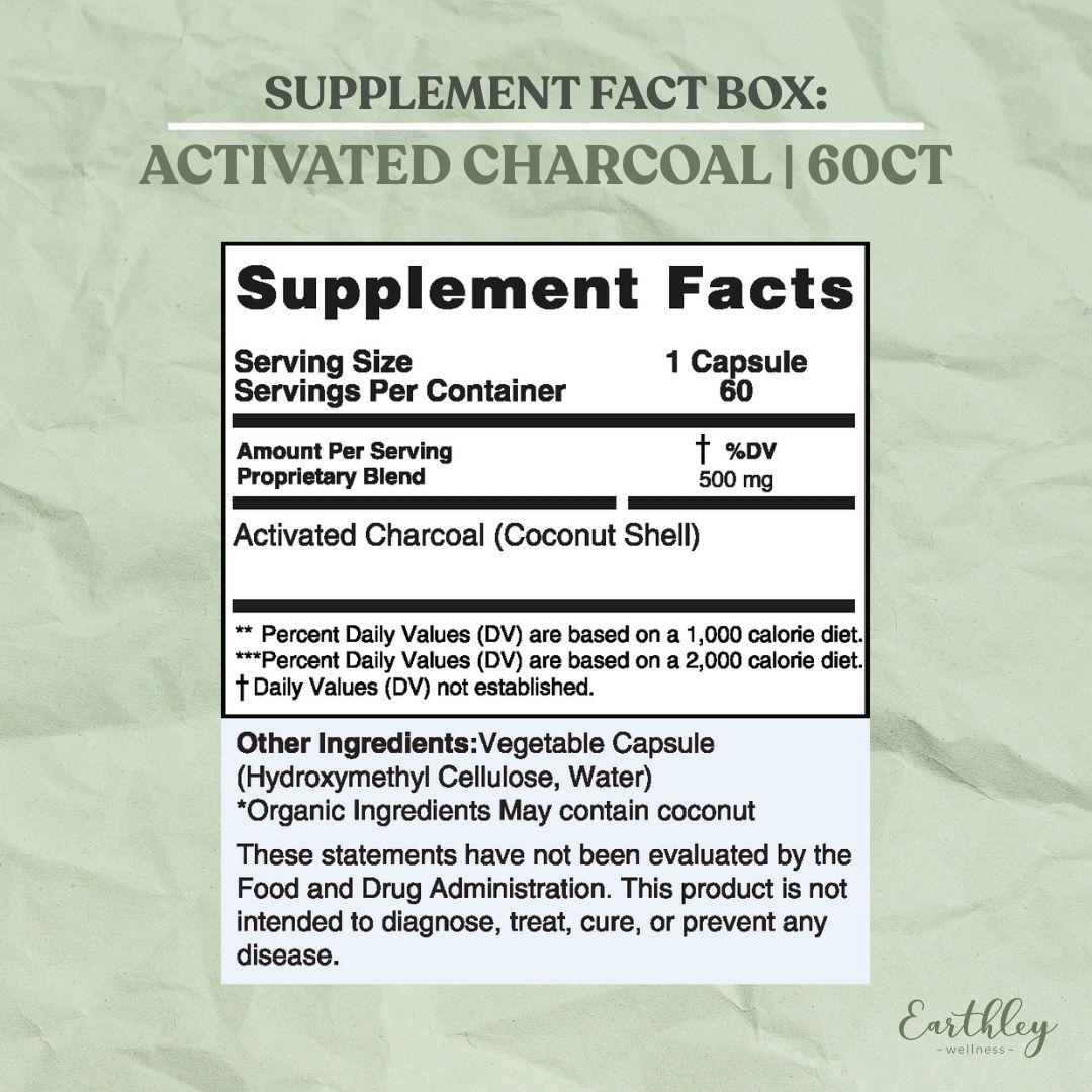 Supplement facts label for Activated Charcoal capsules showing 500mg per serving, 60 capsules total, with FDA disclaimer