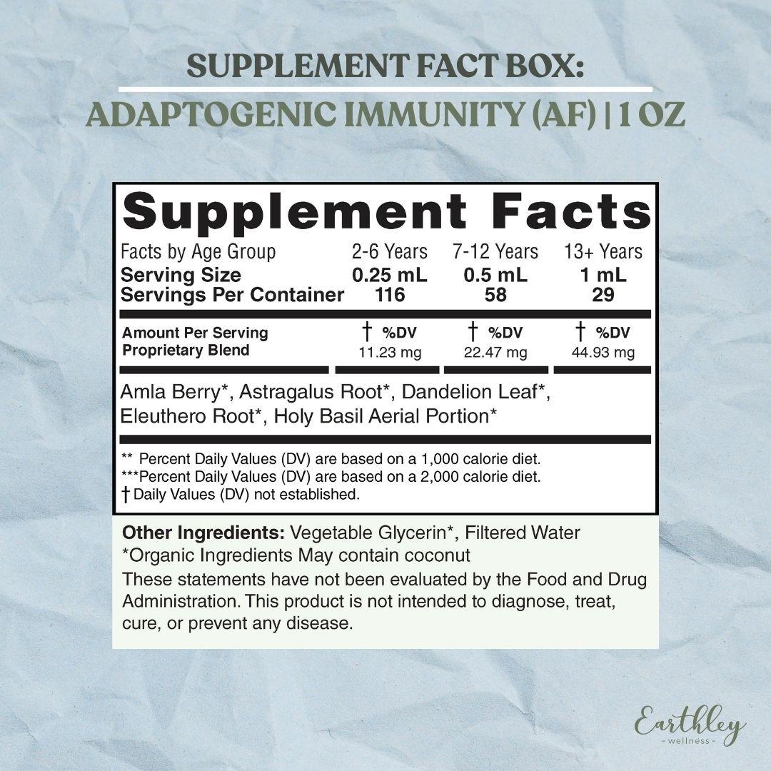 Supplement Fact Box for Adaptogenic Immunity Alcohol-Free 1oz showing supplement facts panel with serving sizes by age group 2-6 years 7-12 years and 13 plus years with proprietary blend of Amla Berry Astragalus Root Dandelion Leaf Eleuthero Root Holy Basil on blue gray textured background with Earthley Wellness logo