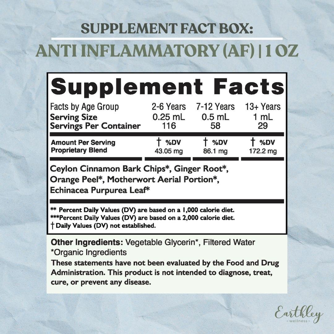 Supplement Fact Box for Anti Inflammatory Alcohol-Free 1oz showing supplement facts panel with serving sizes by age group 2-6 years 7-12 years and 13 plus years with proprietary blend of Ceylon Cinnamon Bark Chips Ginger Root Orange Peel Motherwort Aerial Portion Echinacea Purpurea Leaf on blue gray textured background with Earthley Wellness logo