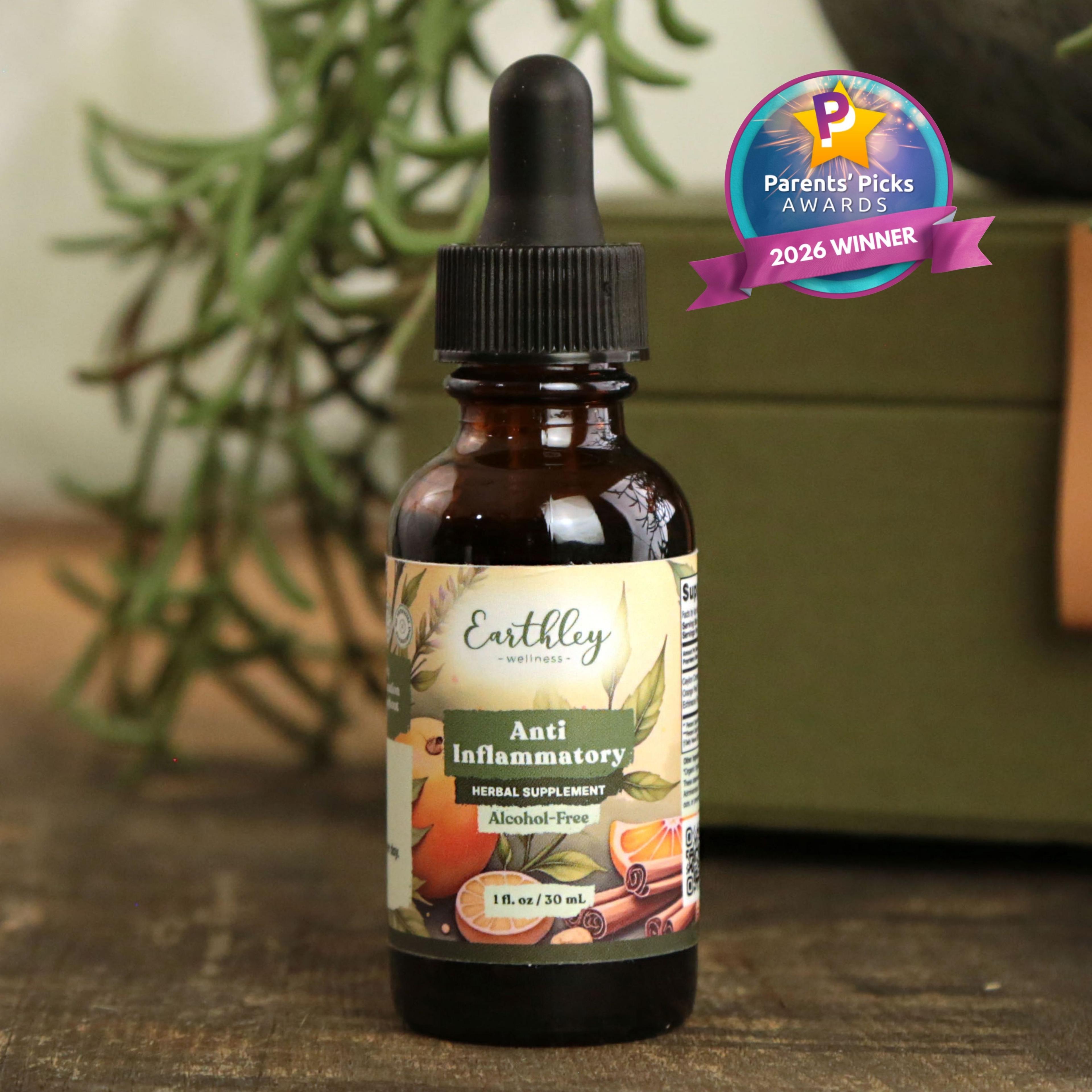 Earthley Anti Inflammatory herbal tincture bottle with dropper, featuring Parents' Picks 2026 Winner award badge