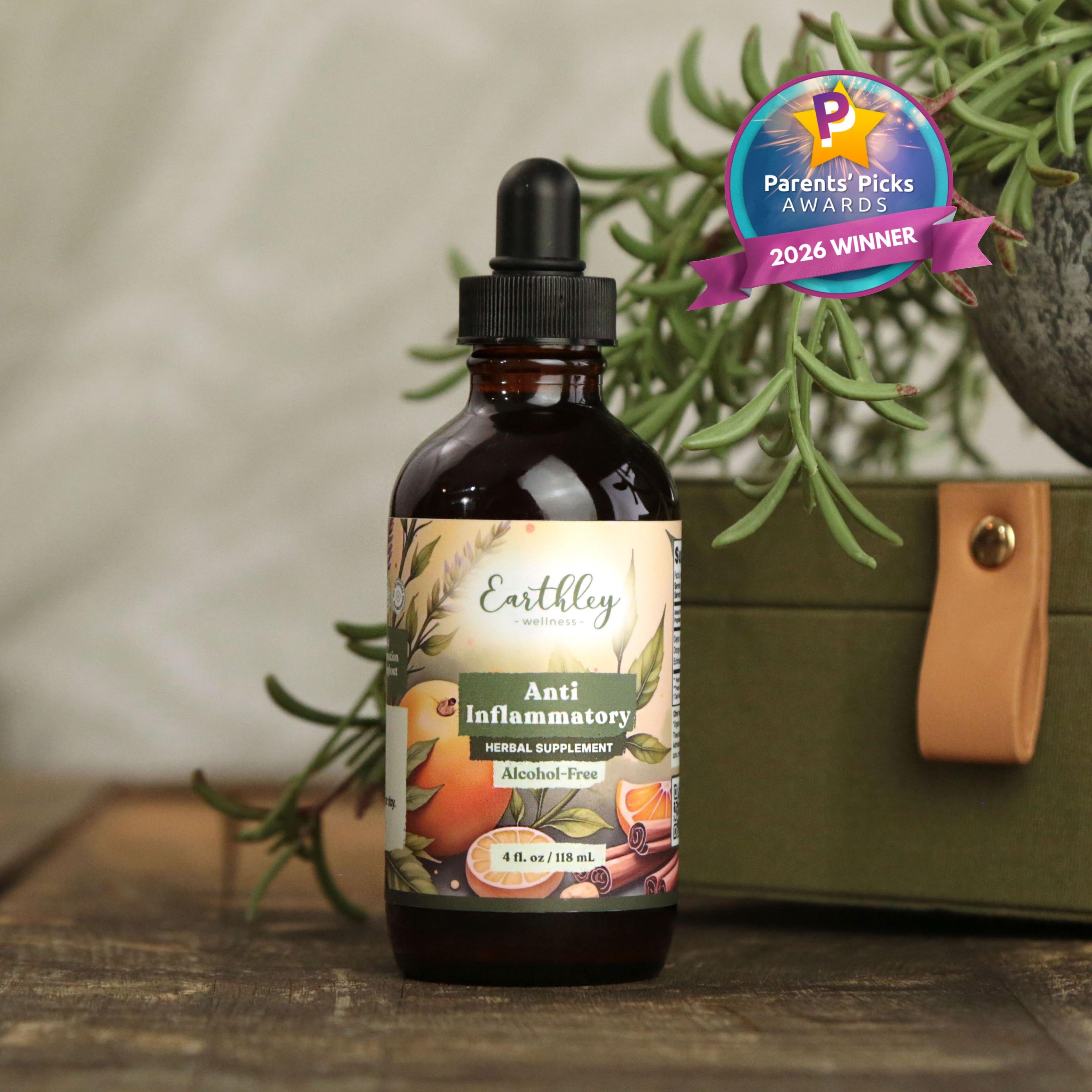 Earthley Anti Inflammatory herbal supplement bottle with dropper, featuring Parents' Picks Awards 2026 Winner badge