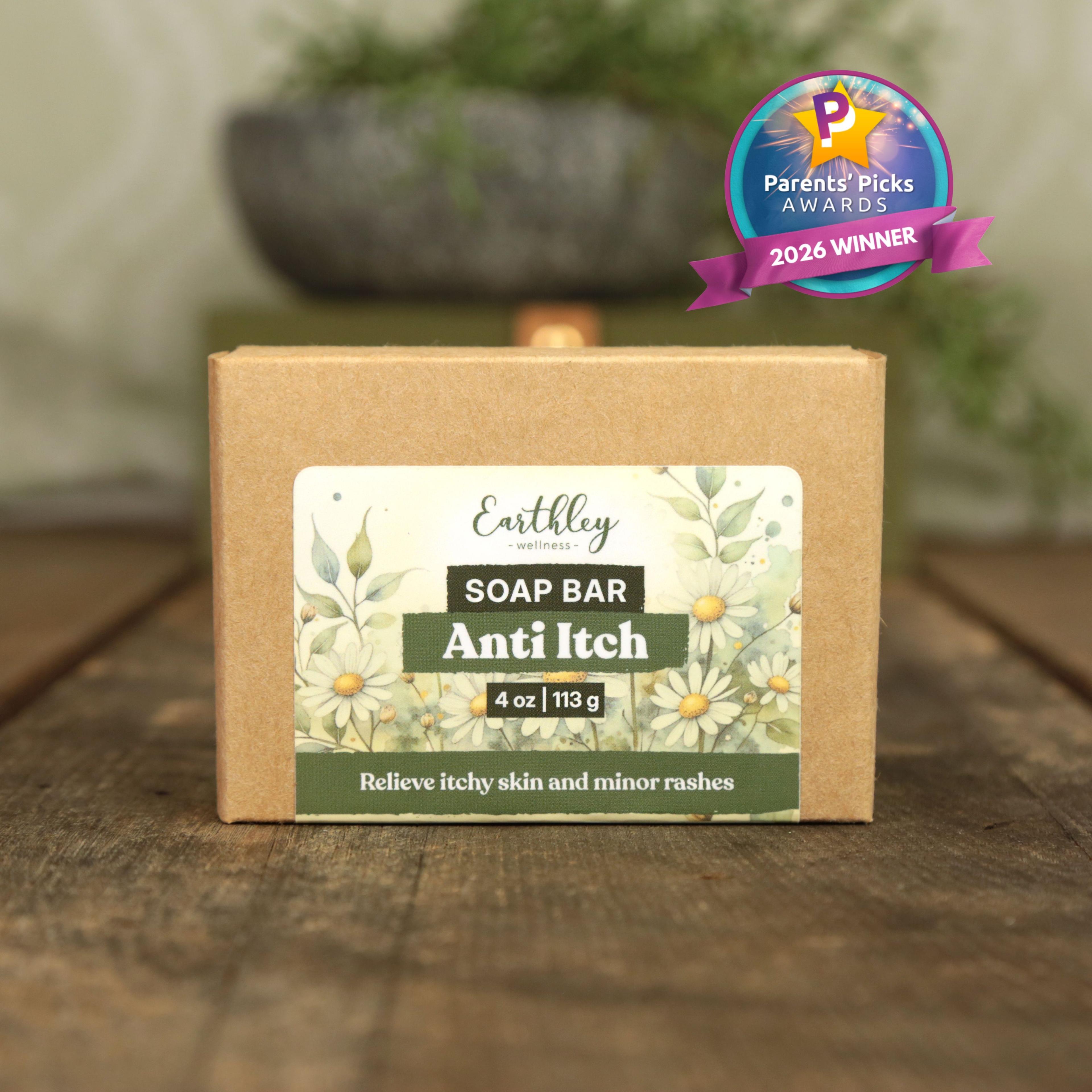 Earthley Anti Itch soap bar in kraft packaging with daisy design, featuring Parents' Picks Awards 2026 Winner badge