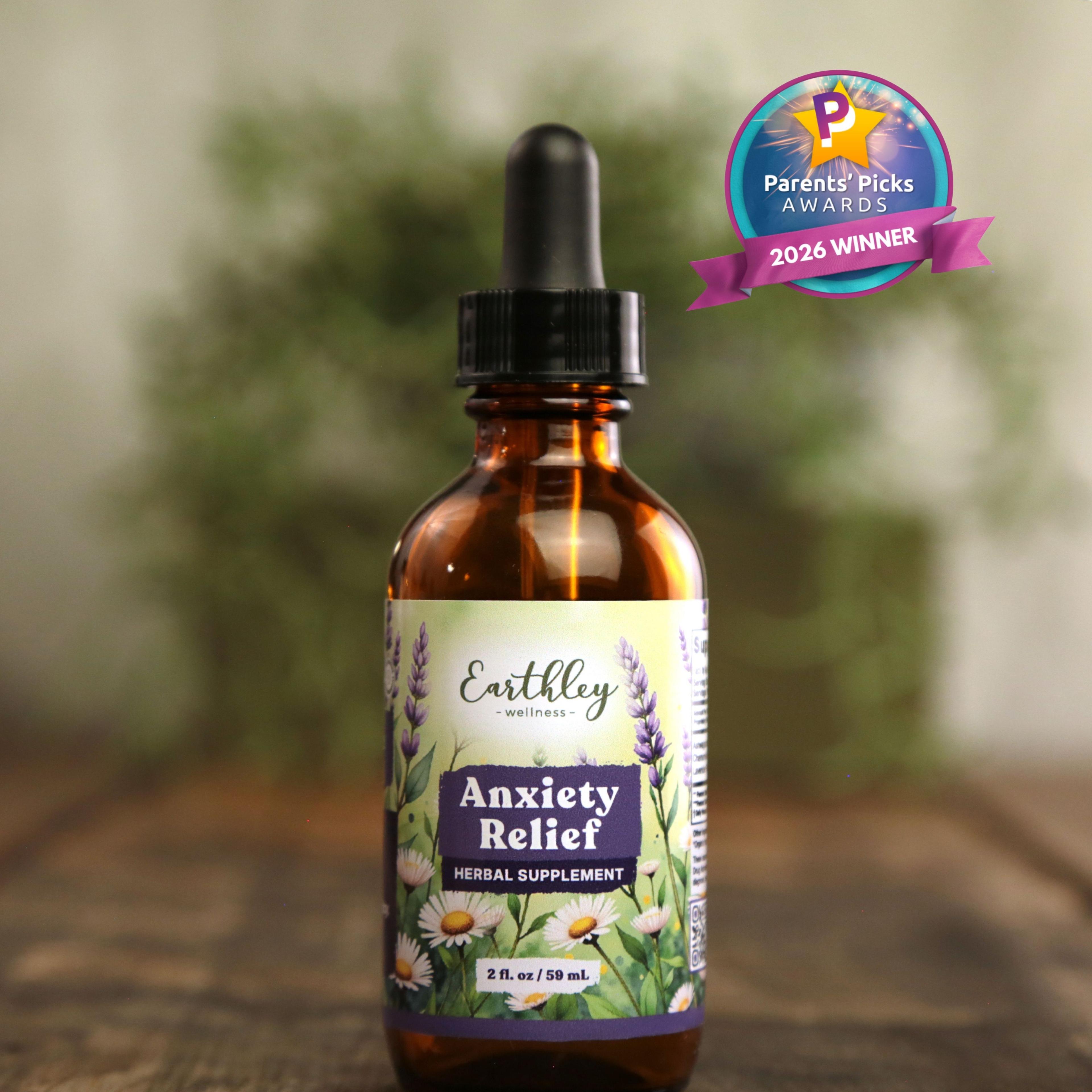 Earthley Wellness Anxiety Relief herbal tincture bottle with dropper, featuring lavender and chamomile design, Parents' Picks 2026 Winner badge