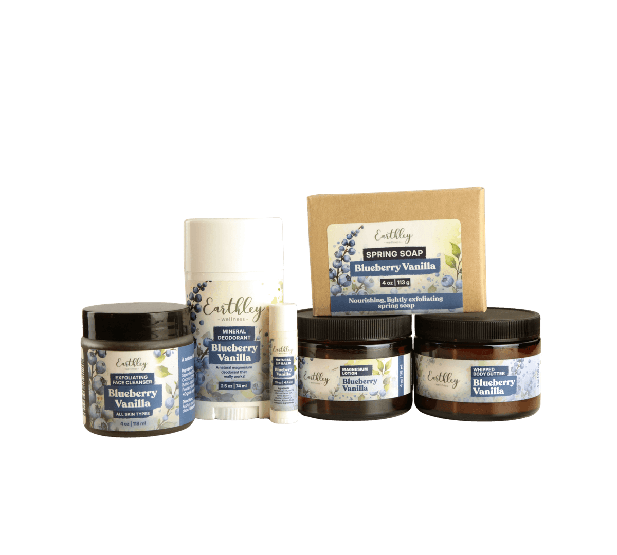 Earthley Blueberry Vanilla skincare collection including face cleanser, deodorant, lip balm, soap, and body butters