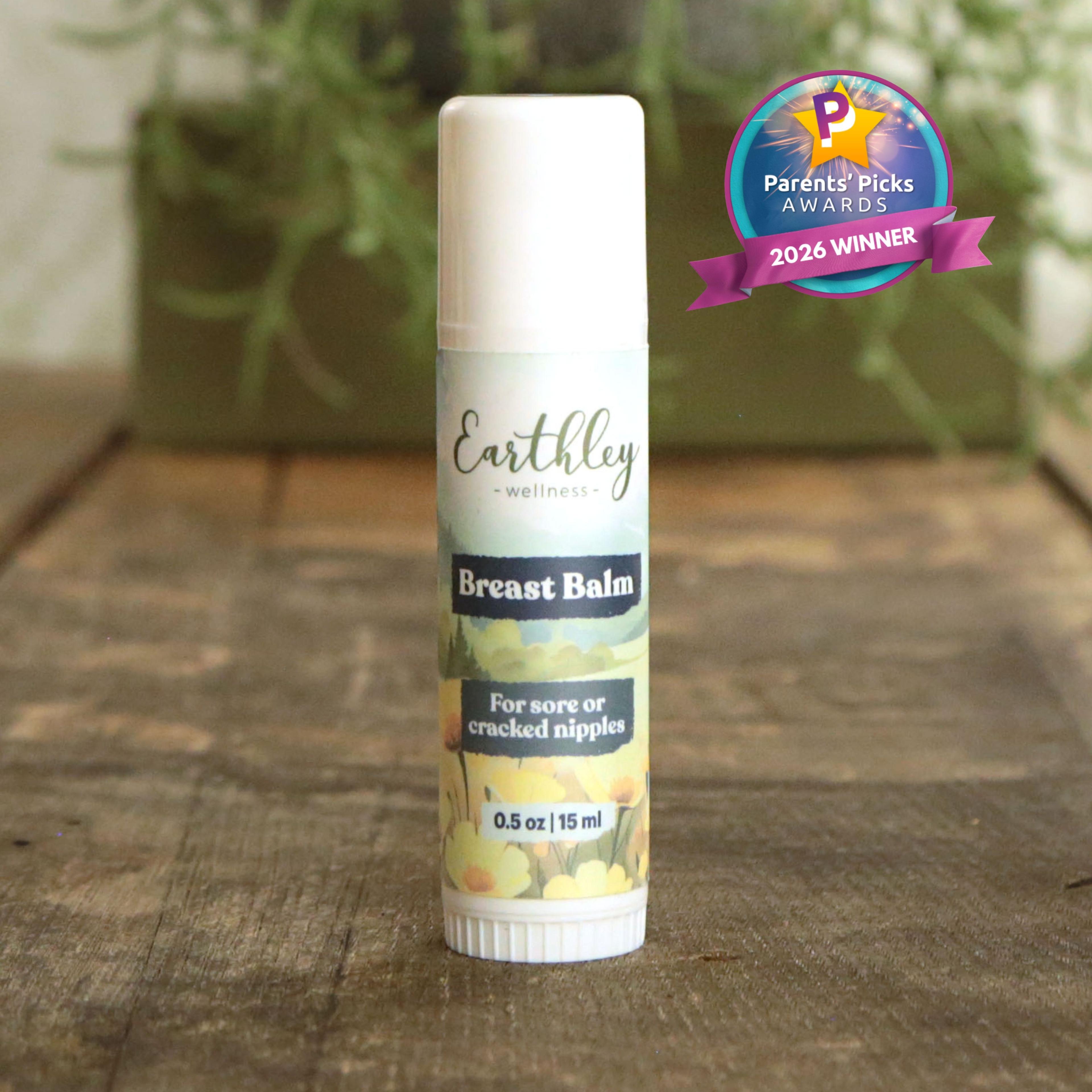 Earthley Wellness Breast Balm tube for sore or cracked nipples, 0.5 oz, with Parents' Picks 2026 Winner award badge