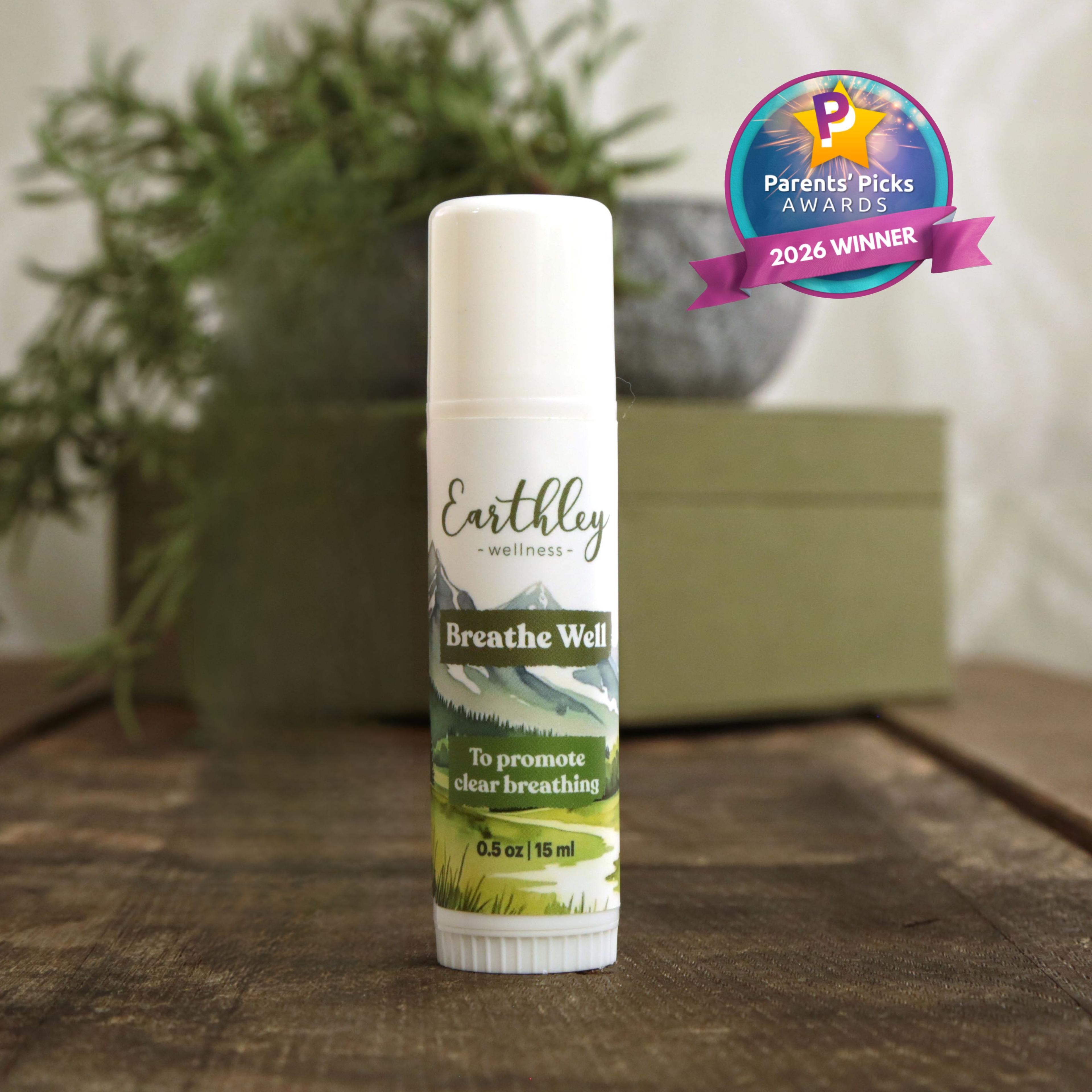 Earthley Wellness Breathe Well inhaler stick with mountain landscape design and Parents' Picks Awards 2026 Winner badge