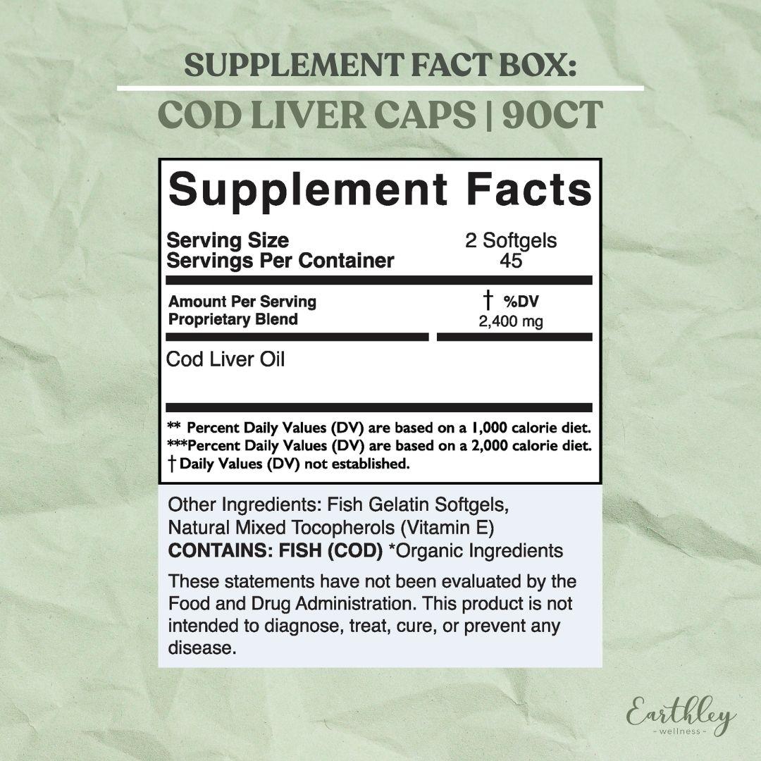 Supplement facts label for Cod Liver Caps 90ct, 2,400mg per 2-softgel serving
