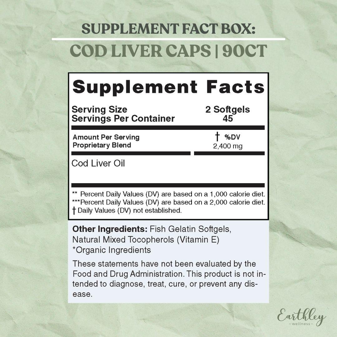 Supplement facts label for Cod Liver Caps showing 2,400mg cod liver oil per 2 softgel serving, 45 servings total