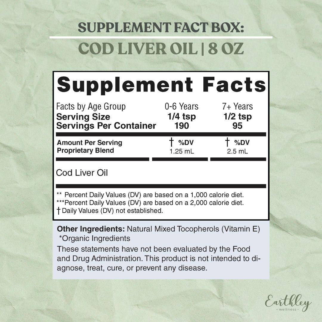 Supplement facts label for Cod Liver Oil showing serving sizes, ingredients, and dosage information for different age groups