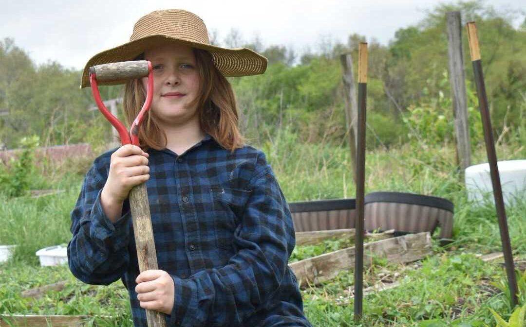 Young girl in straw hat and plaid shirt holding garden hoe in organic vegetable garden with raised beds