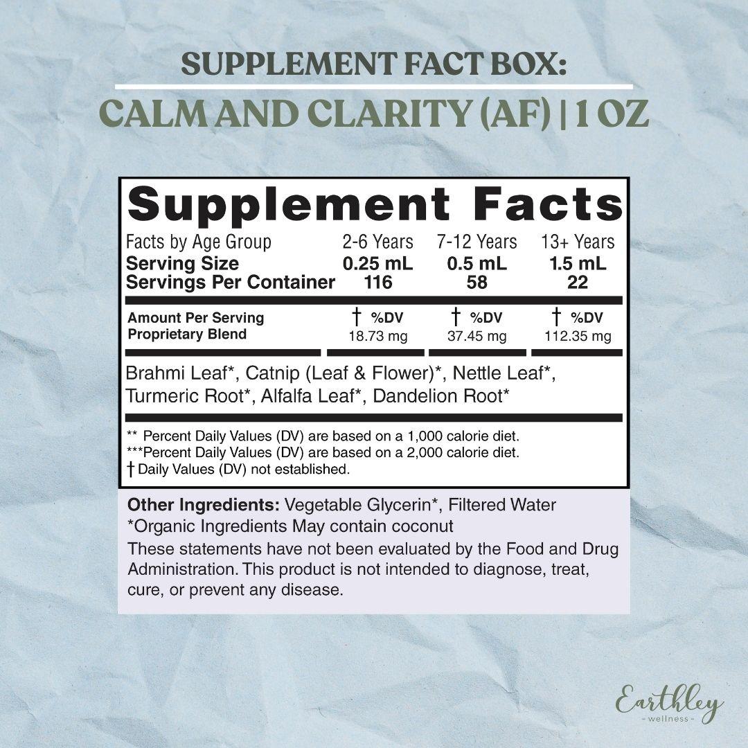 Supplement facts label for Calm and Clarity herbal tincture showing serving sizes, ingredients like brahmi leaf and catnip by age group