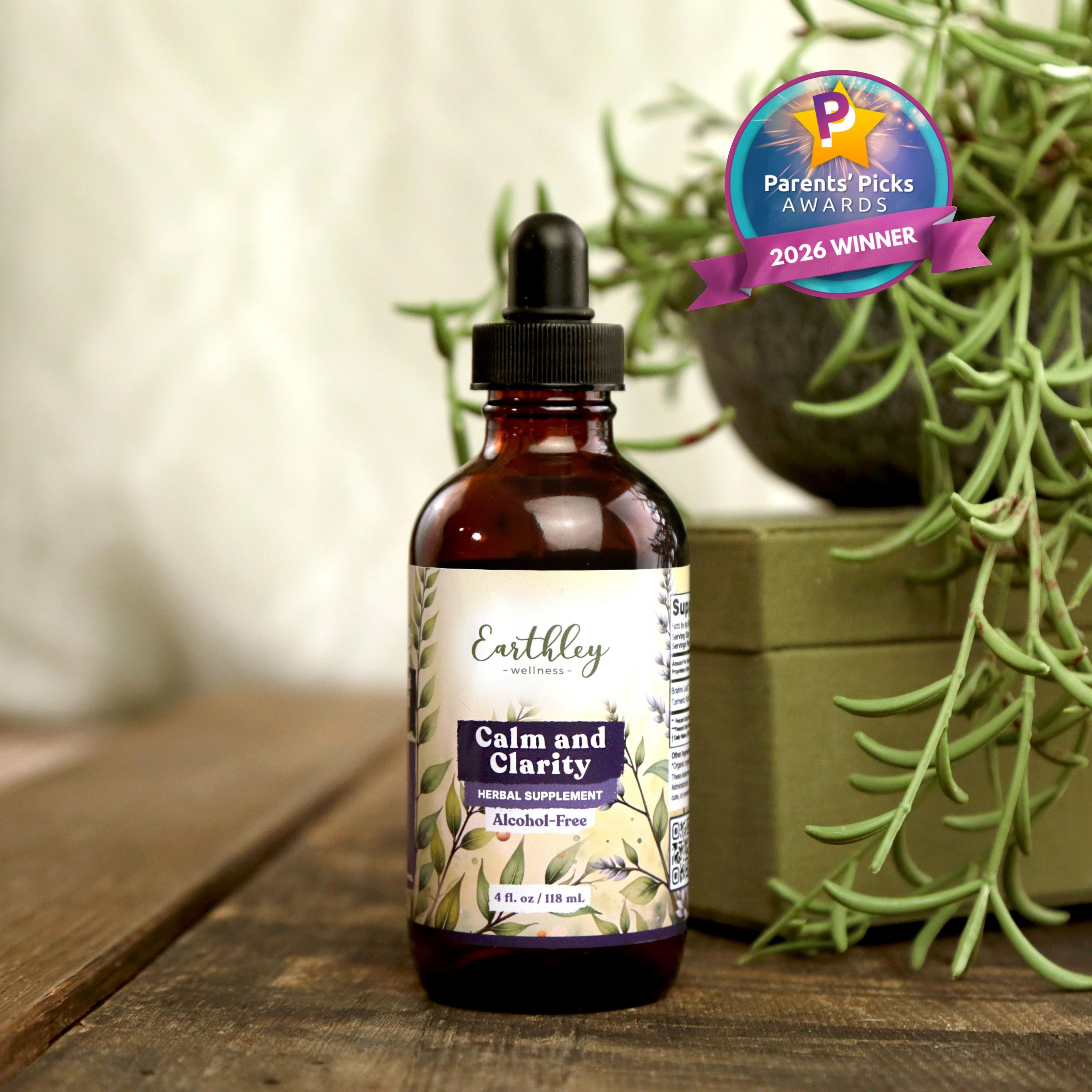 Earthley Calm and Clarity herbal supplement bottle with dropper, featuring Parents' Picks Awards 2026 Winner badge