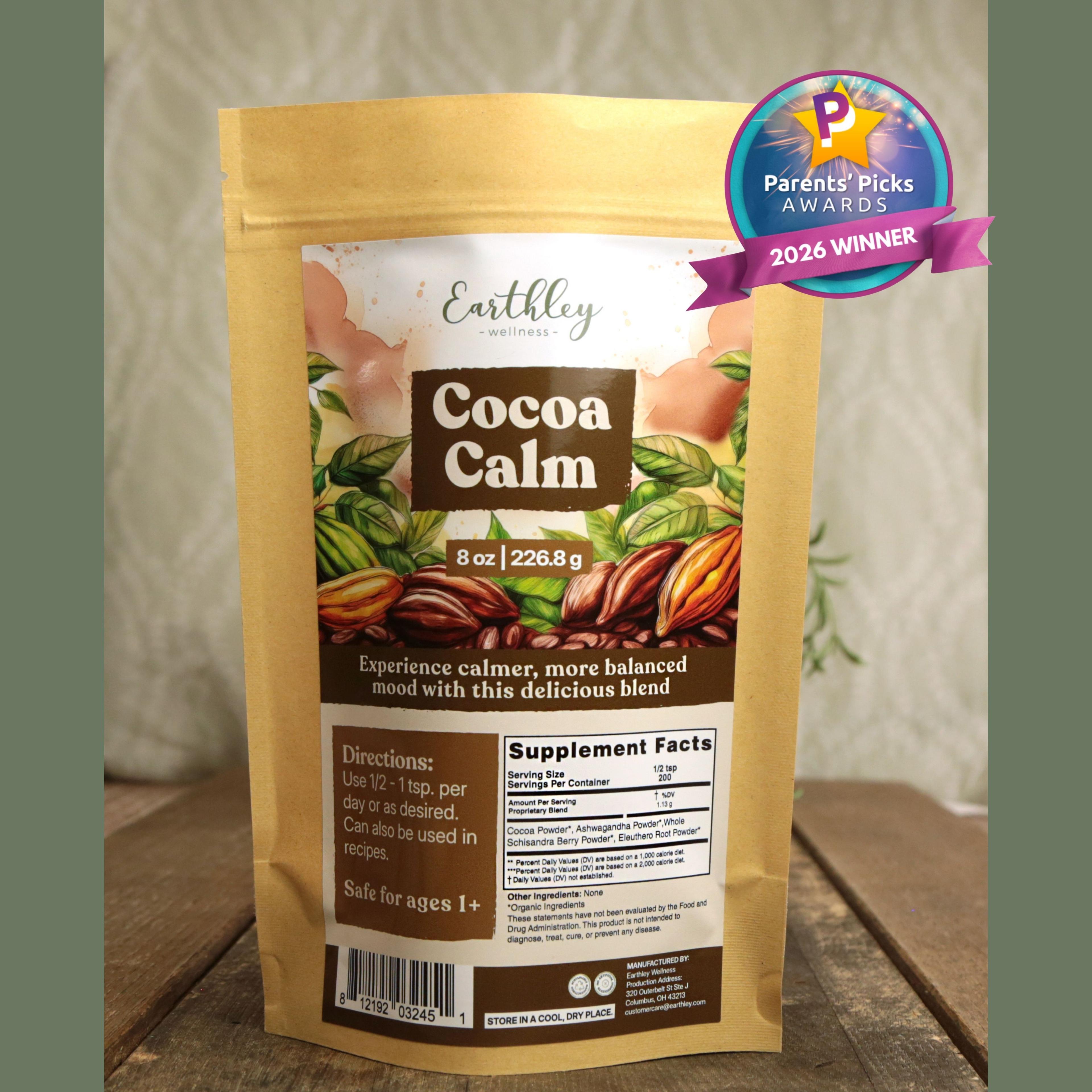 Earthley Wellness Cocoa Calm supplement package with Parents' Picks Awards 2026 Winner badge, featuring cocoa beans and botanical illustrations