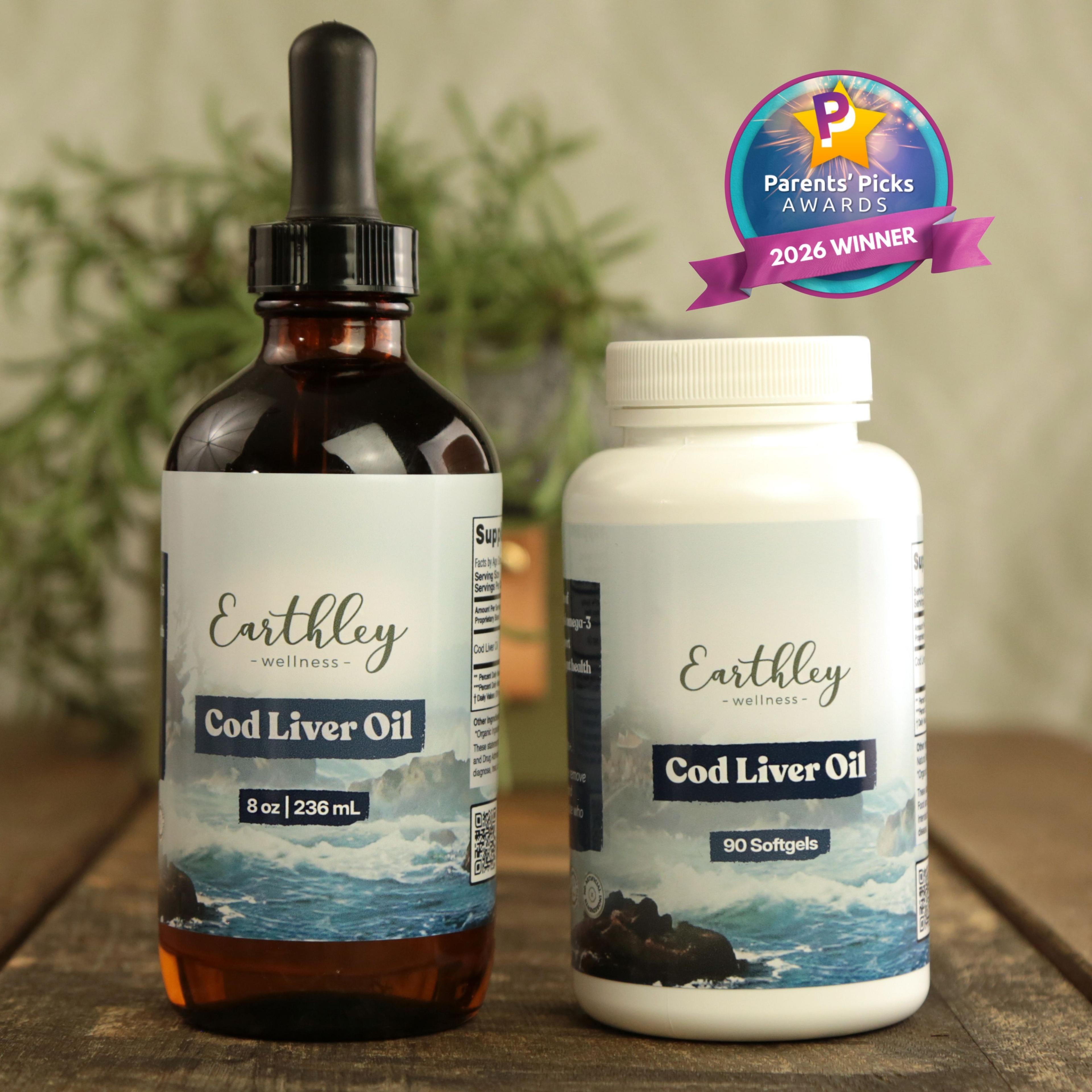 Earthley Wellness Cod Liver Oil liquid bottle and softgel capsules with Parents' Picks Awards 2026 Winner badge