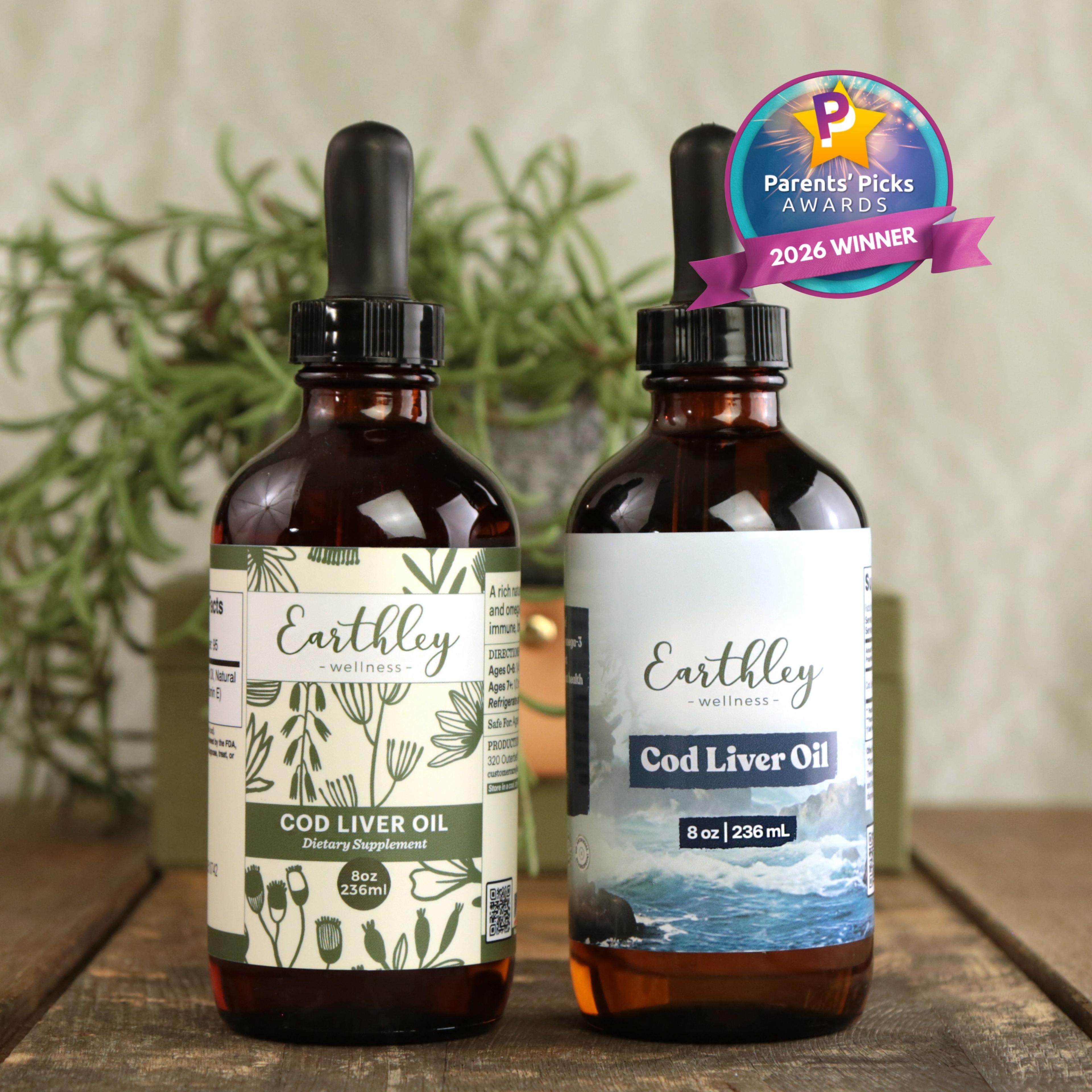 Two amber glass bottles of Earthley Cod Liver Oil supplements with droppers, featuring Parents' Picks Awards 2026 Winner badge