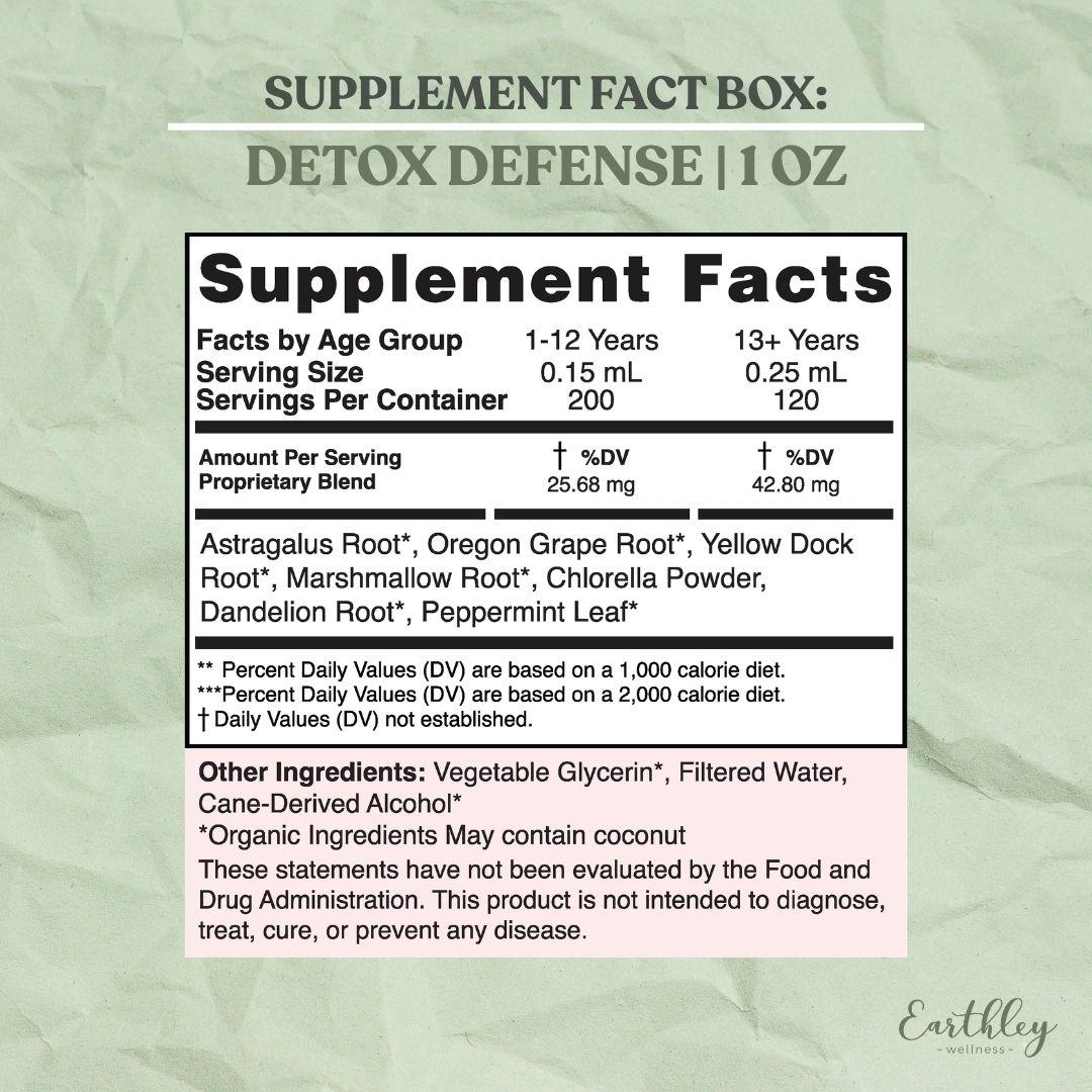 Detox Defense 1oz supplement facts label with herbal blend ingredients and serving sizes by age group.