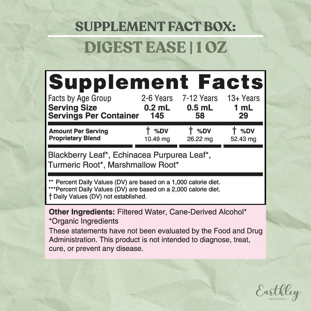 Supplement facts label for Digest Ease 1 oz tincture showing serving sizes, ingredients, and dosage by age group