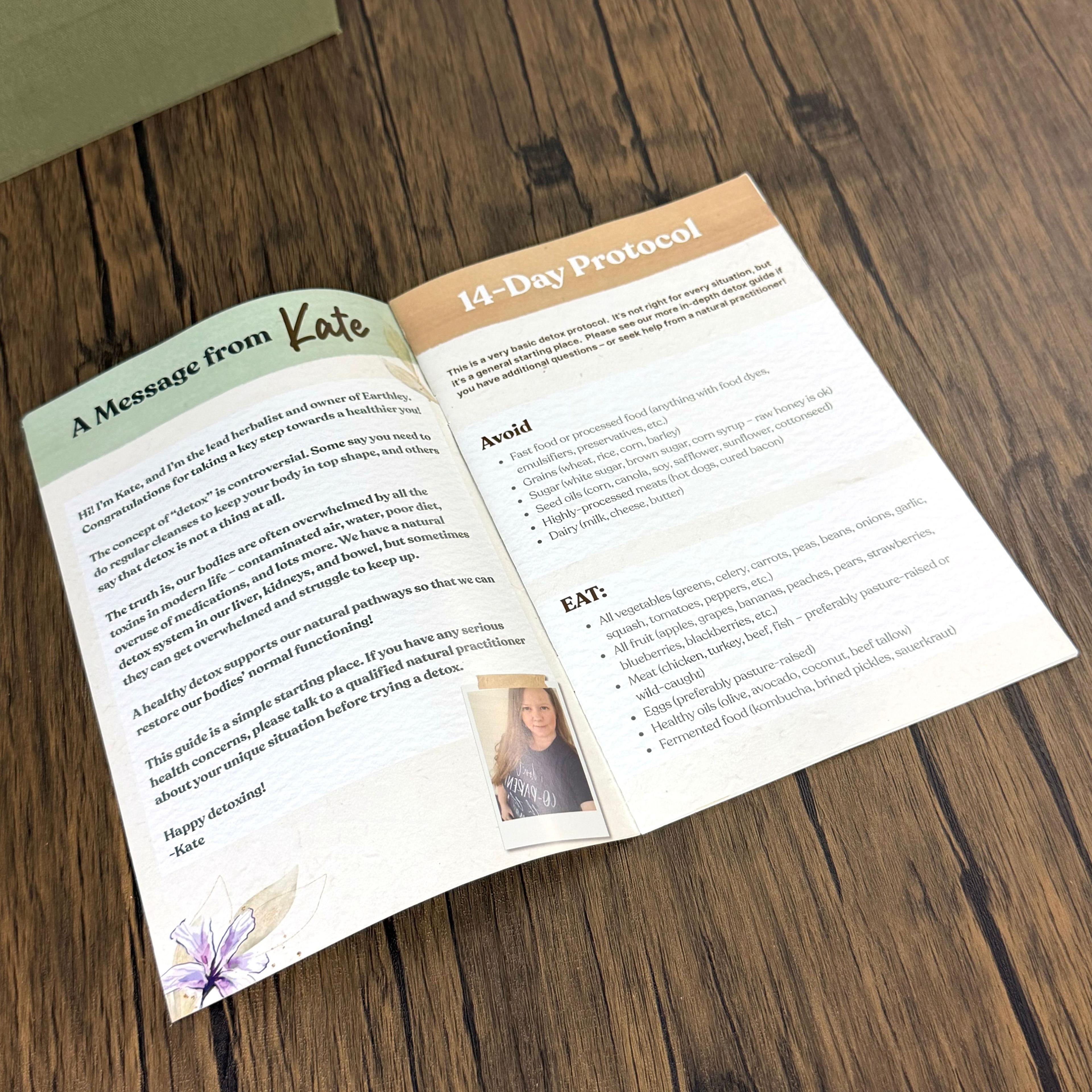 Earthley wellness booklet open to Kate's message and 14-Day Detox Protocol guide