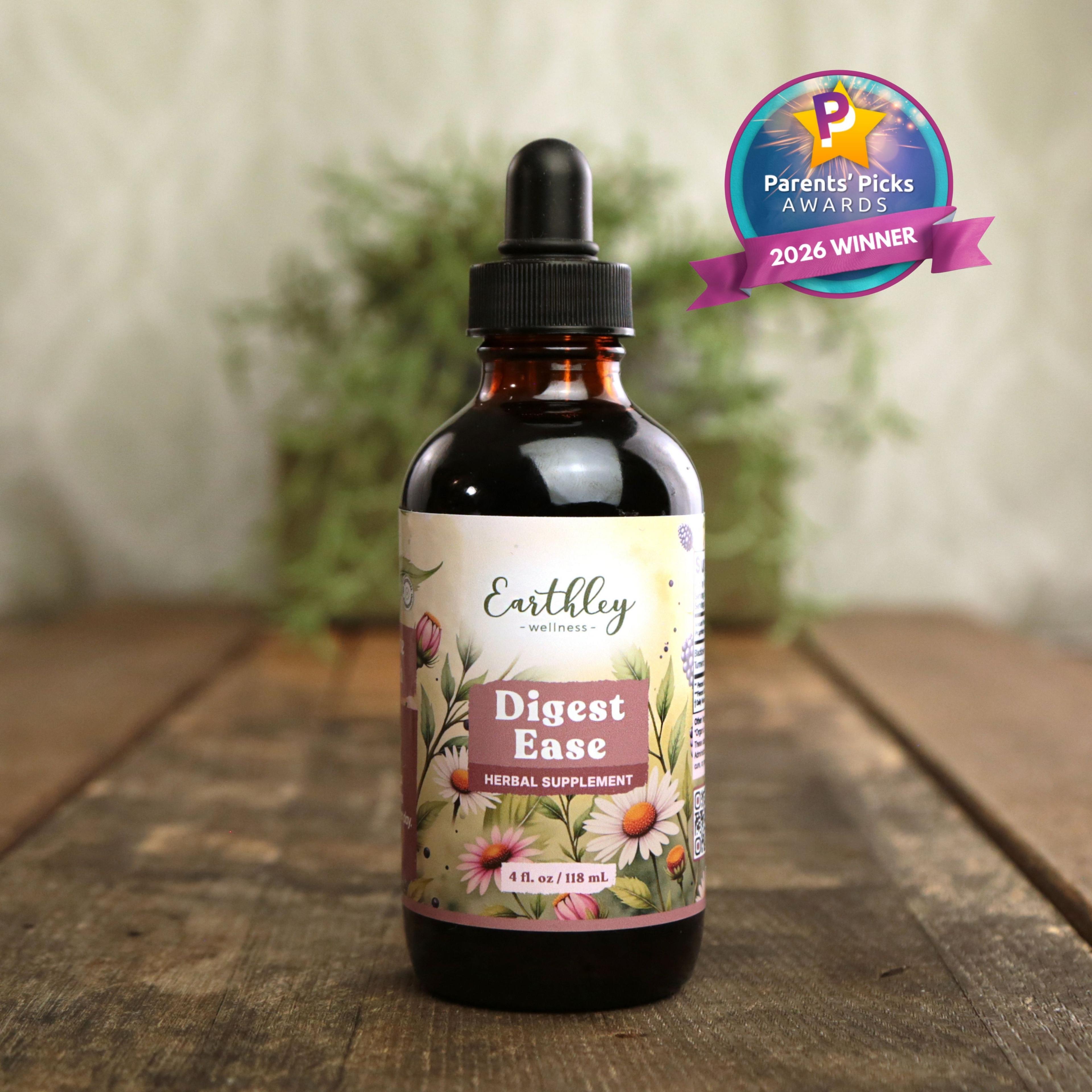Earthley Wellness Digest Ease herbal tincture bottle with dropper and floral label, featuring Parents' Picks 2026 Winner award badge