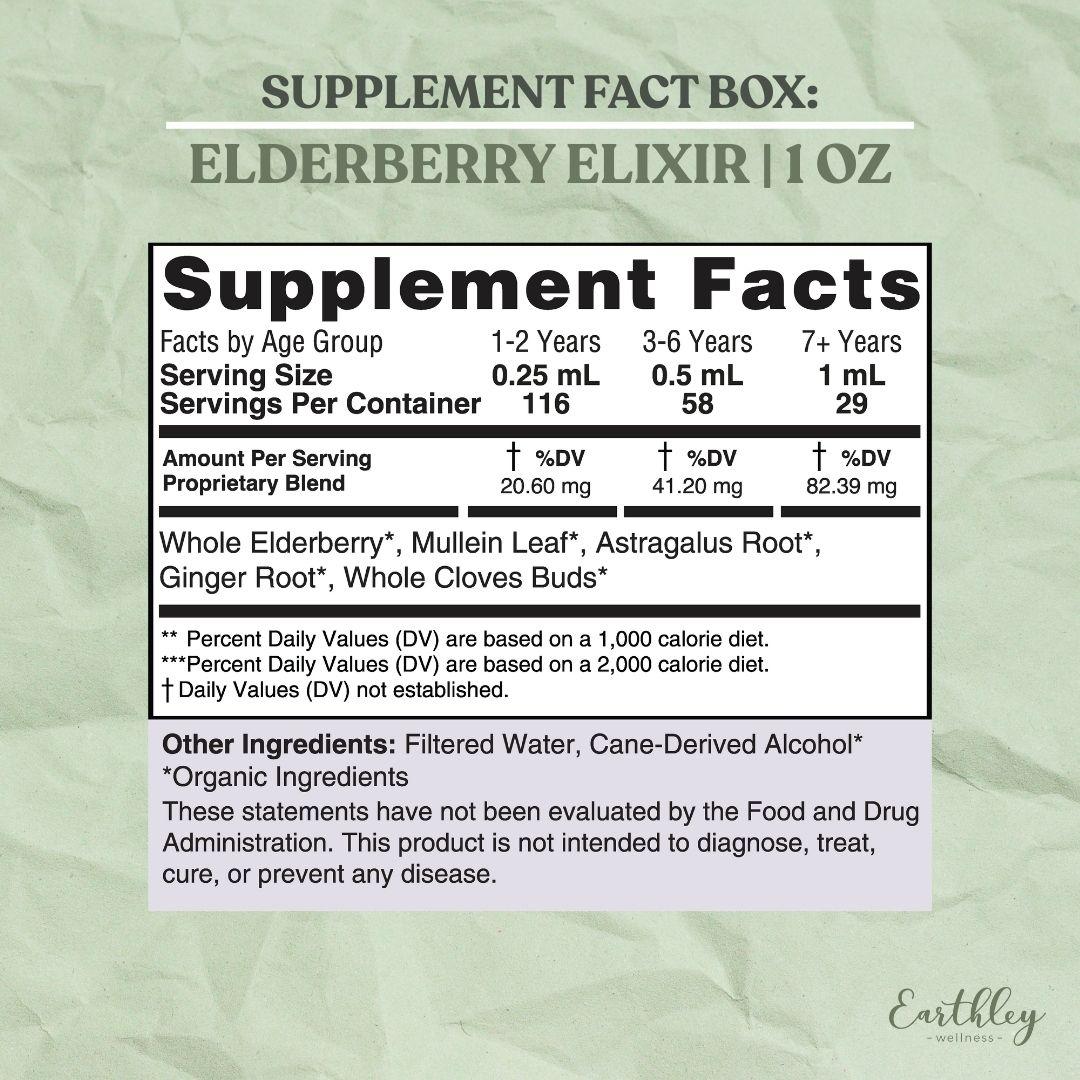 Elderberry Elixir 1oz supplement facts label with age-based dosing and organic ingredients.