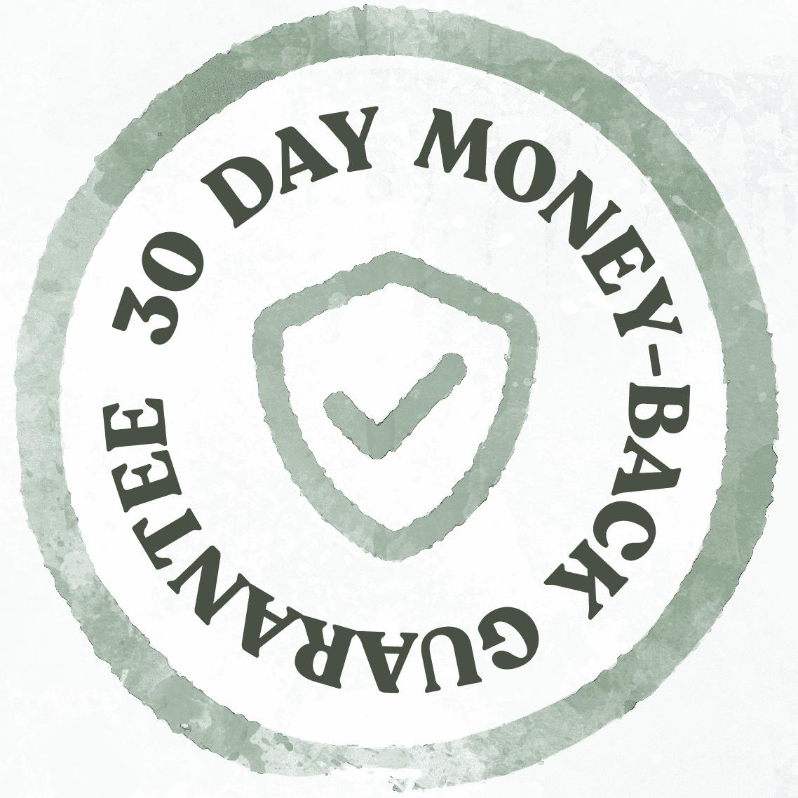 Earthley 30 Day Money-Back Guarantee circular sage green badge stamp with shield checkmark icon in center