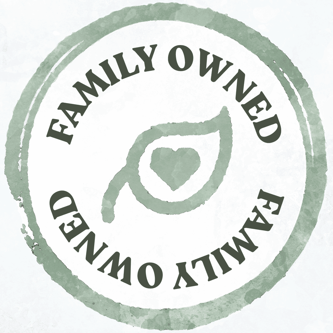Earthley Family Owned circular sage green badge stamp with leaf heart icon in center