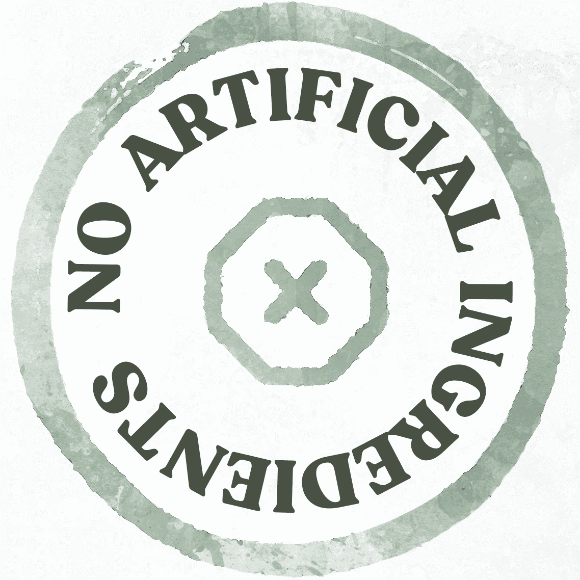 Earthley No Artificial Ingredients circular sage green badge stamp with X icon in hexagon in center