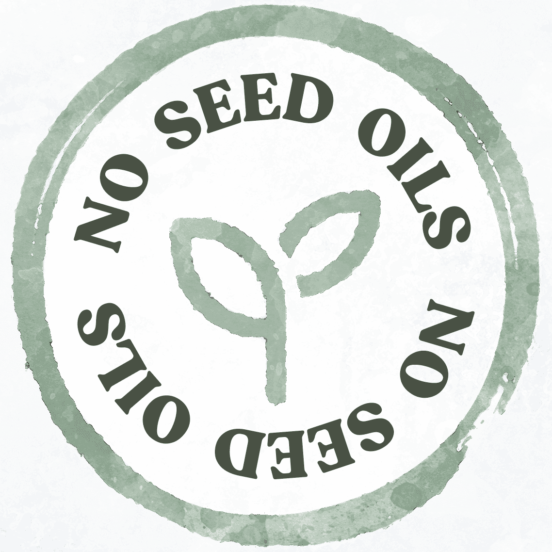 Earthley No Seed Oils circular stamp badge in sage green with leaf sprout illustration on cream background