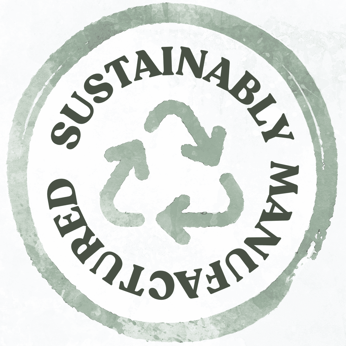 Earthley Sustainably Manufactured circular sage green badge stamp with recycling arrows icon in center