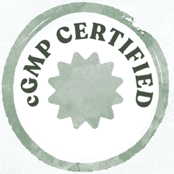 Green circular cGMP certified seal with sunburst design indicating quality manufacturing standards