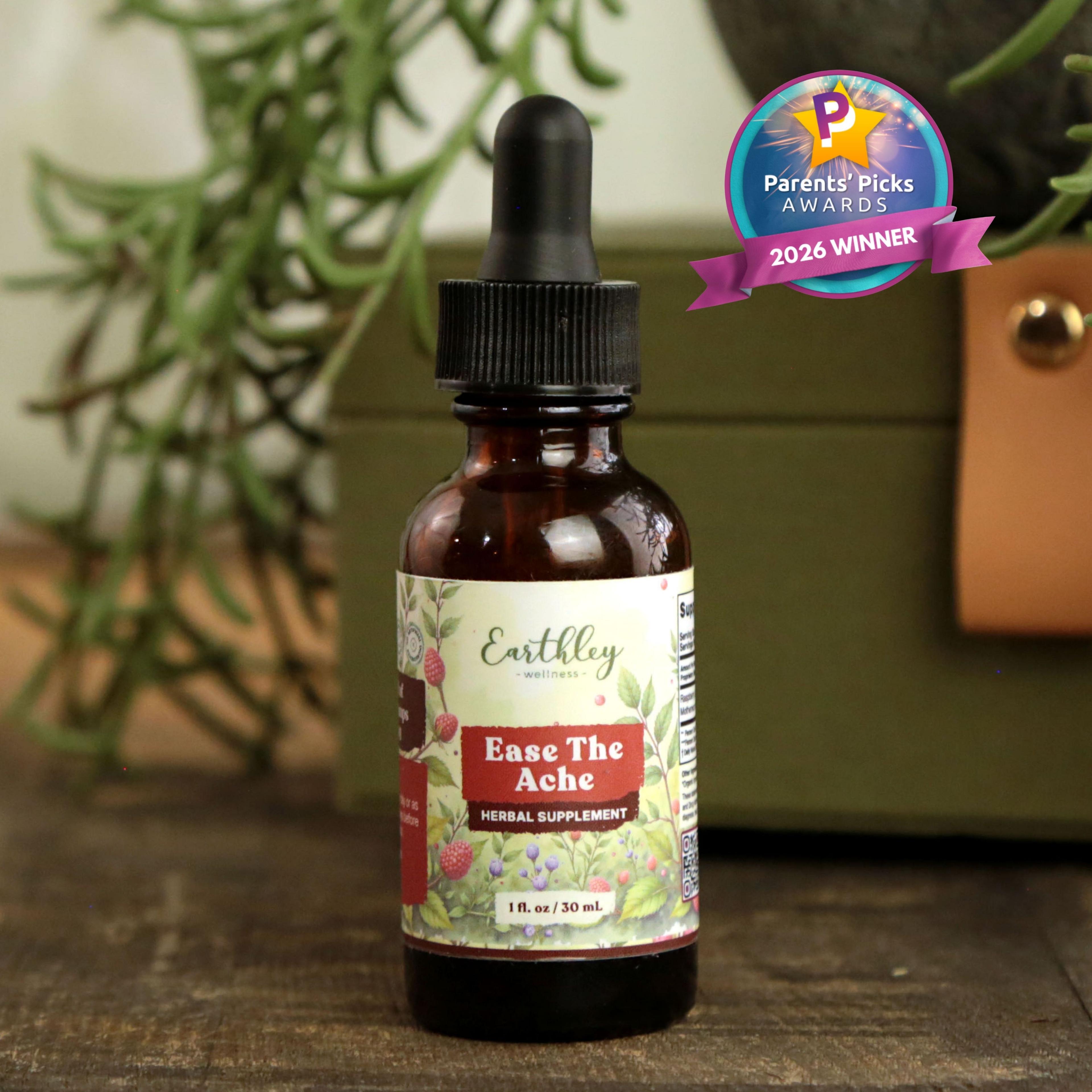 Earthley Wellness Ease The Ache herbal tincture bottle with dropper, featuring Parents' Picks Awards 2026 Winner badge