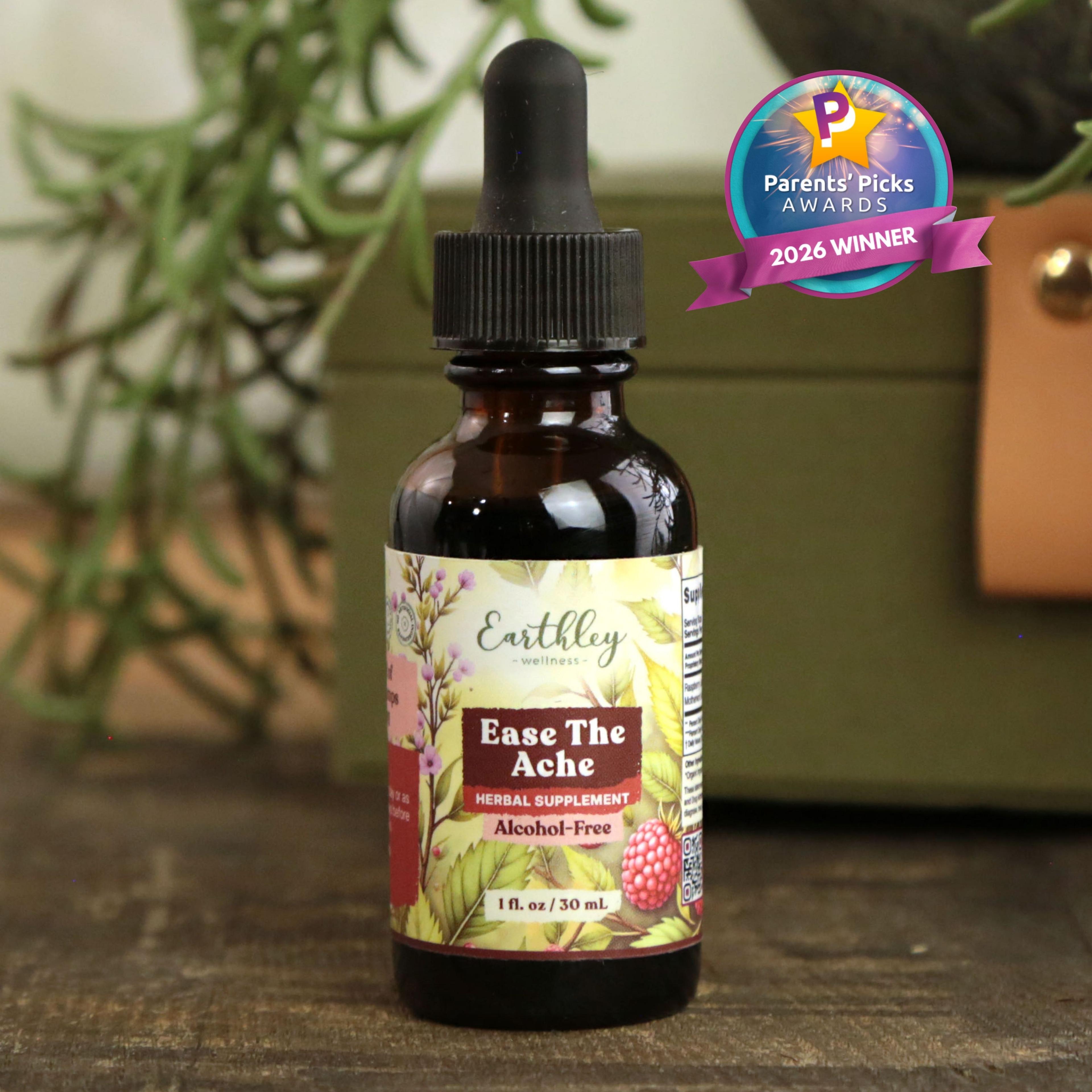 Earthley Ease The Ache herbal tincture bottle with dropper, featuring Parents' Picks Awards 2026 Winner badge