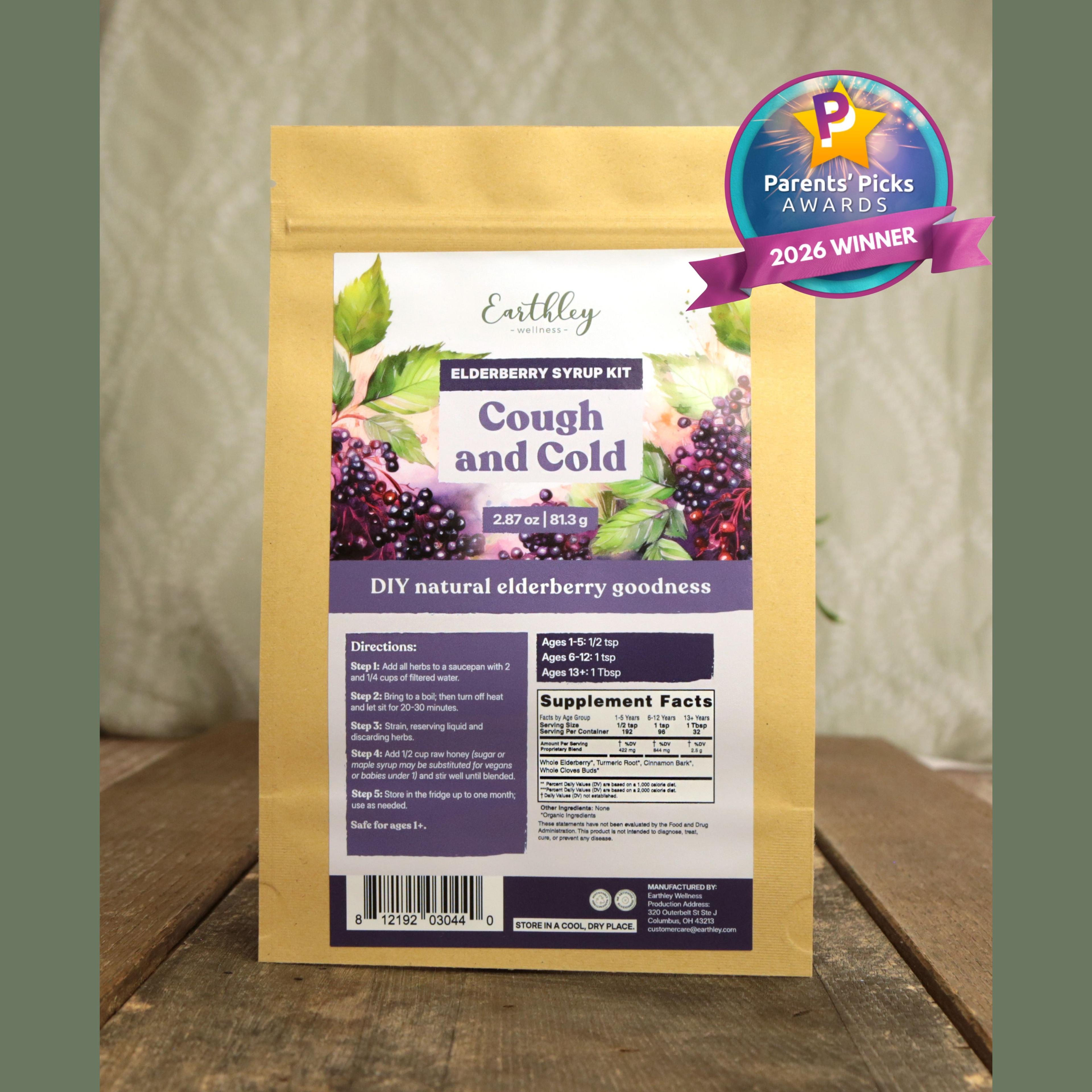 Earthley Elderberry Syrup Kit package for cough and cold relief with Parents' Picks 2026 Winner award badge