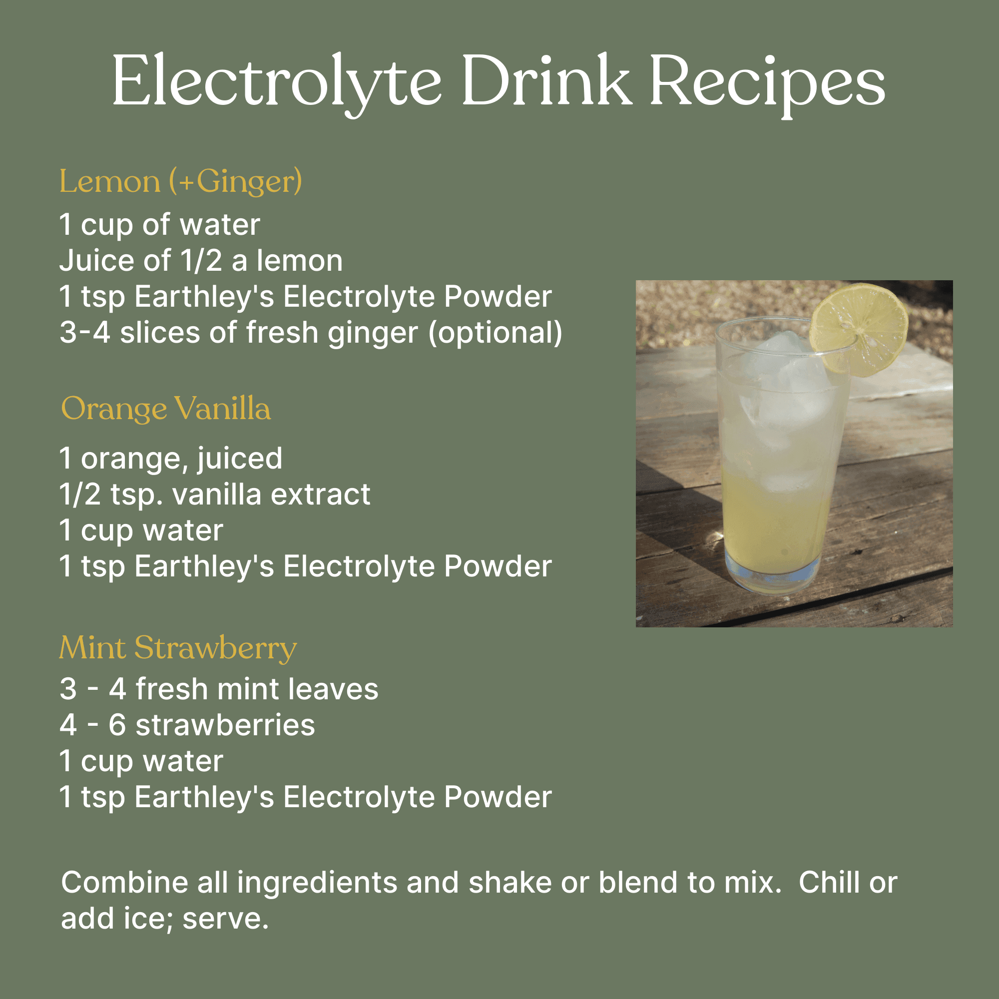 Electrolyte drink recipes card featuring lemon ginger, orange vanilla, and mint strawberry flavors with glass of lemon drink