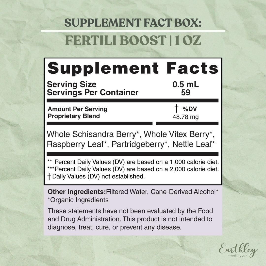 Supplement facts label for Fertili Boost 1oz tincture showing organic herbal blend ingredients and serving information