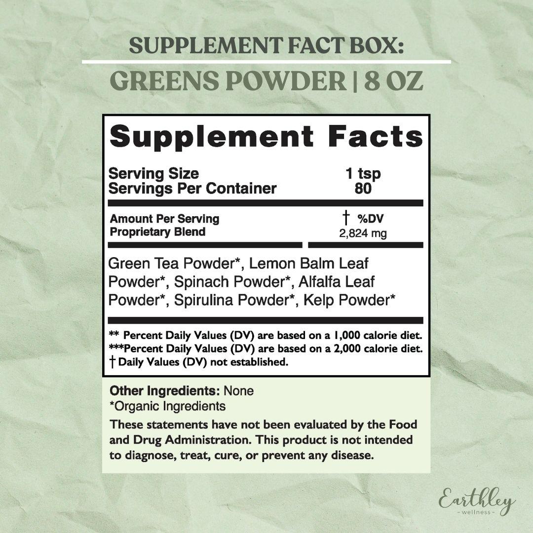 Supplement facts label for Greens Powder showing 1 tsp serving size, 80 servings, with organic green tea, lemon balm, spinach, alfalfa, spirulina, ...