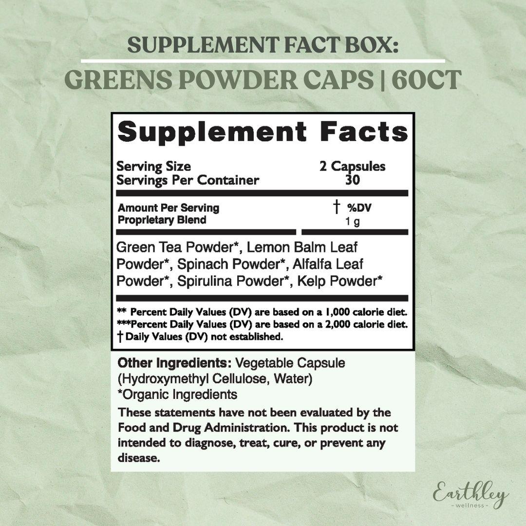 Supplement facts label for Greens Powder Caps showing 60 capsules with organic green tea, lemon balm, spinach, alfalfa, spirulina and kelp blend