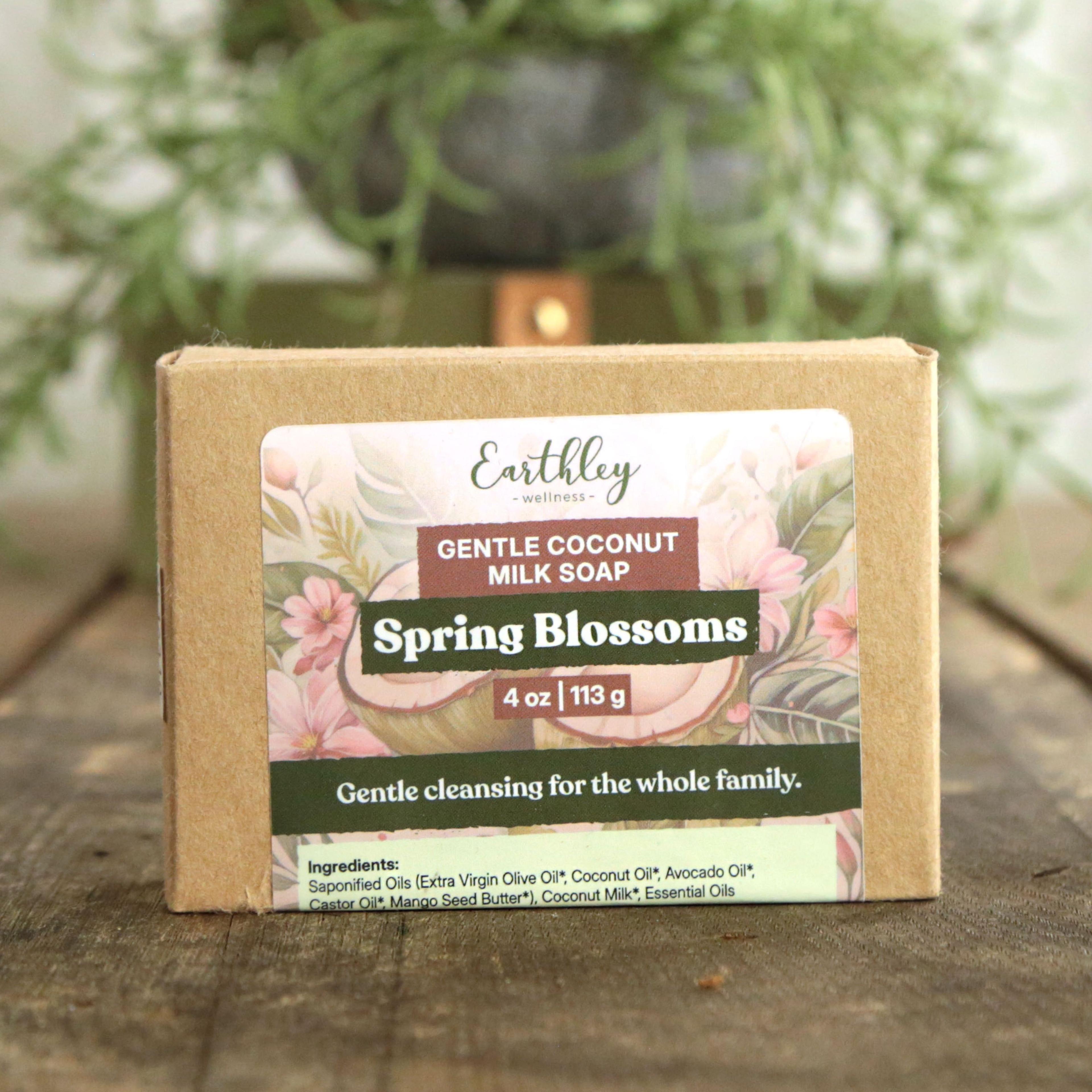 Earthley Gentle Coconut Milk Soap Spring Blossoms 4oz bar with pink floral label for sensitive skin cleansing