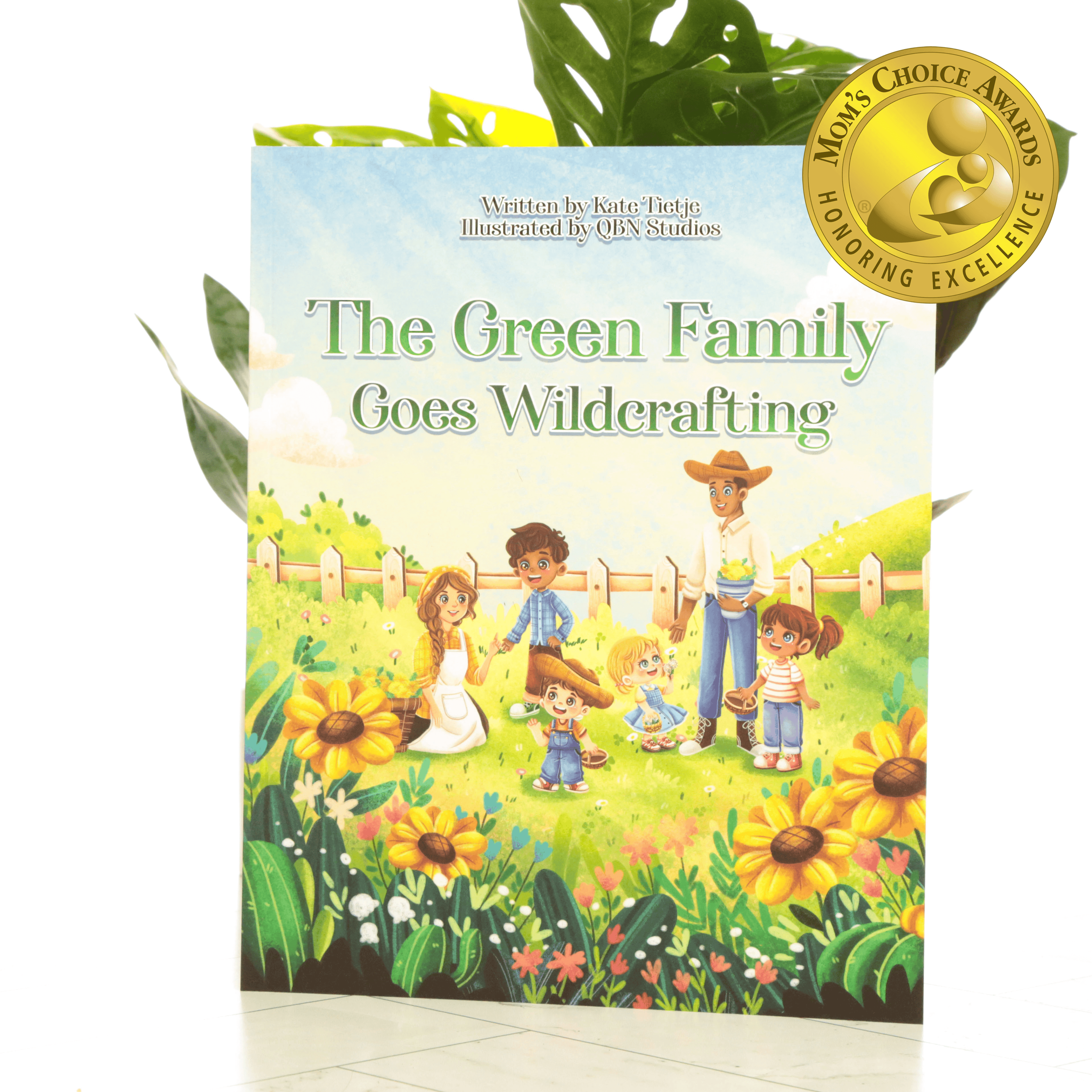 The Green Family Goes Wildcrafting childrens book cover with award seal about foraging herbs
