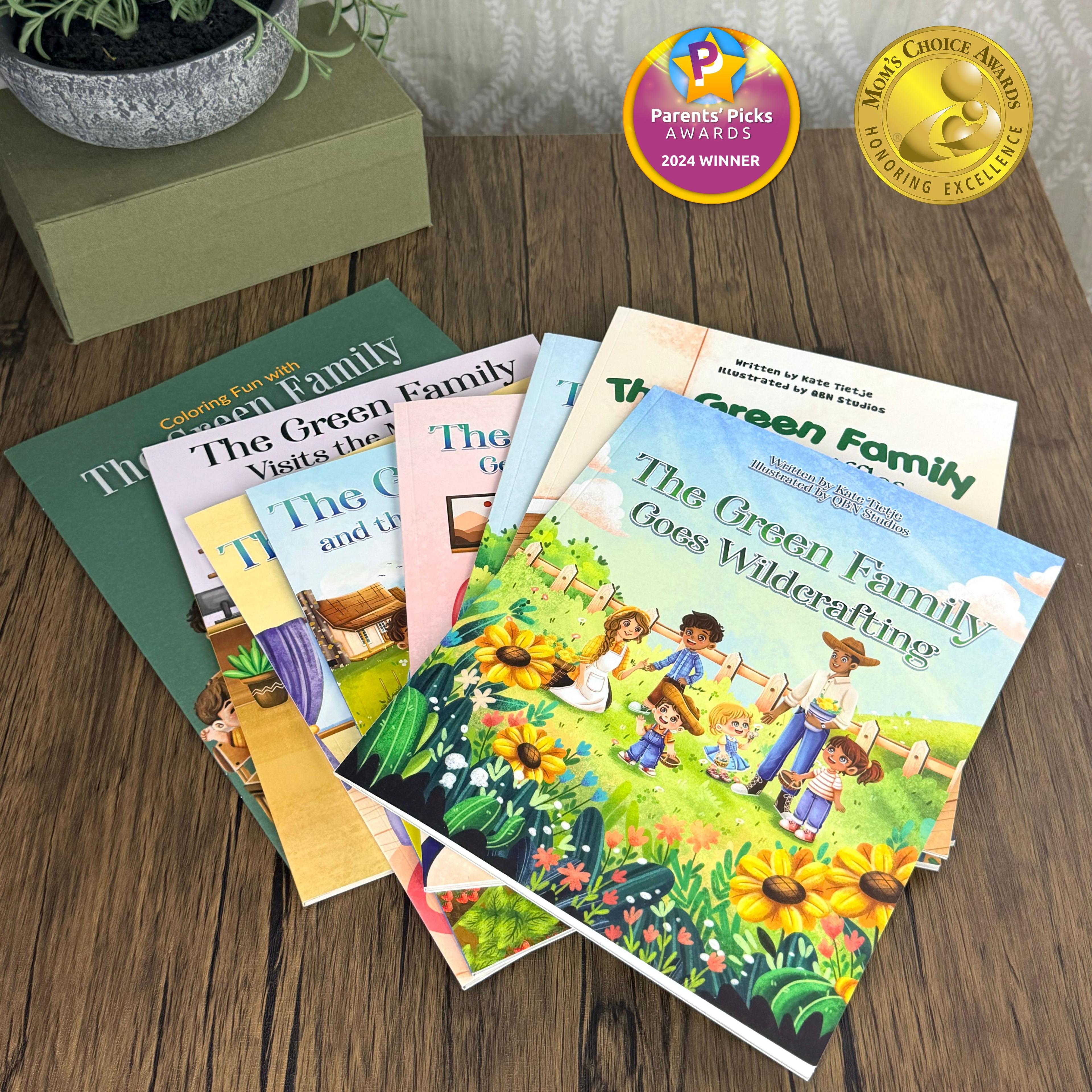 The Green Family children's book series, award-winning natural wellness books fanned on wood surface