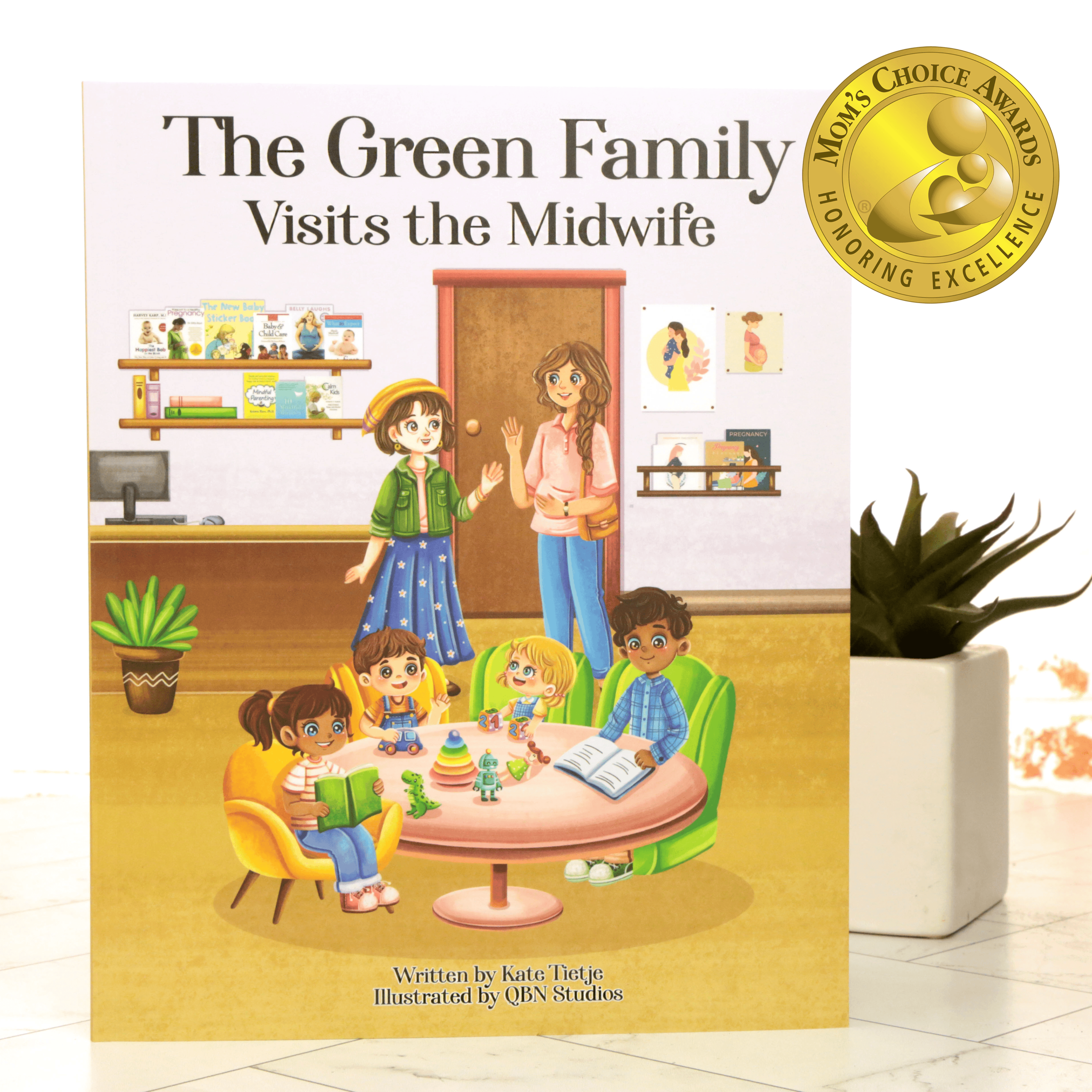 The Green Family Visits the Midwife childrens book cover with award seal about homebirth