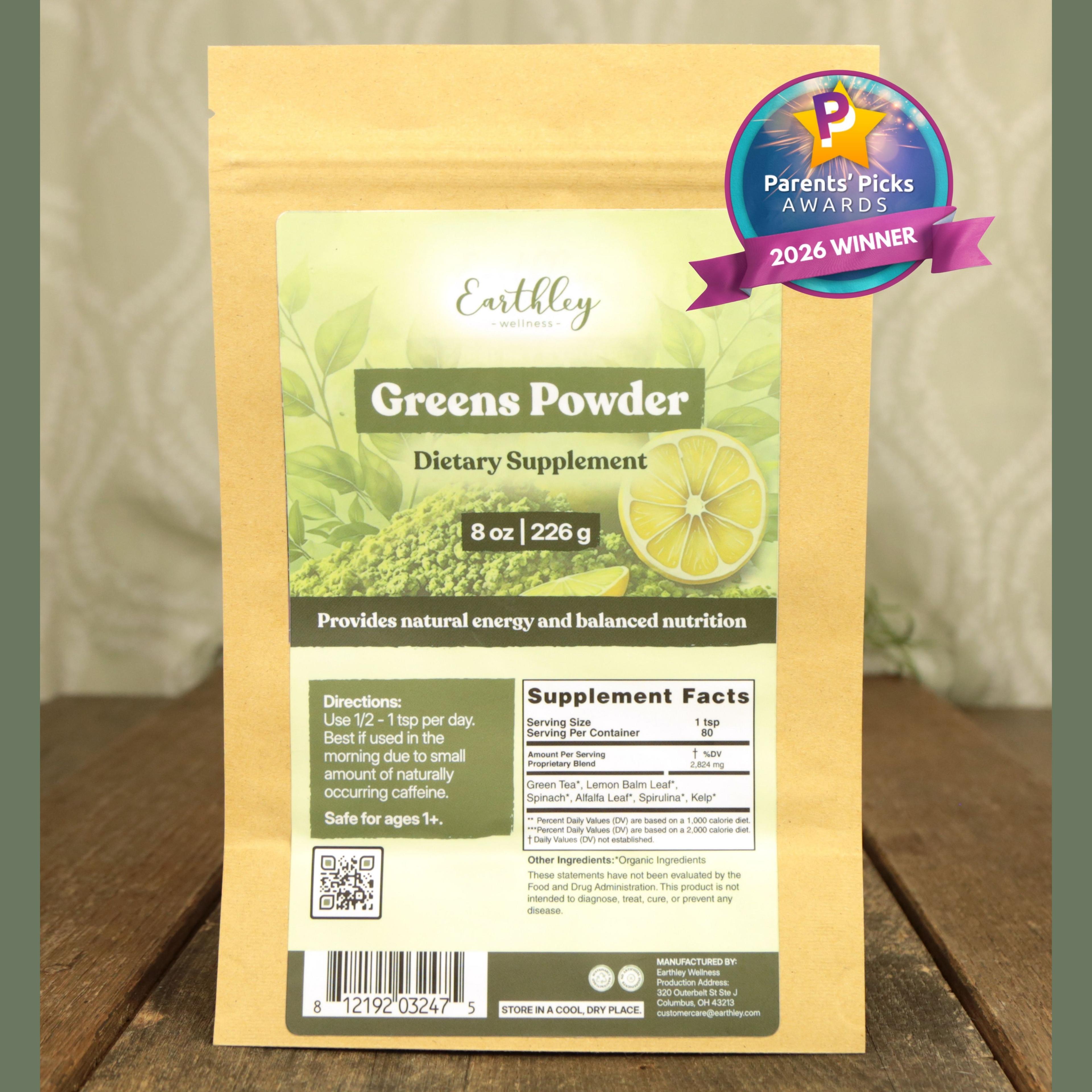 Earthley Greens Powder supplement package with Parents' Picks Awards 2026 Winner badge, featuring green leafy design and lemon slice