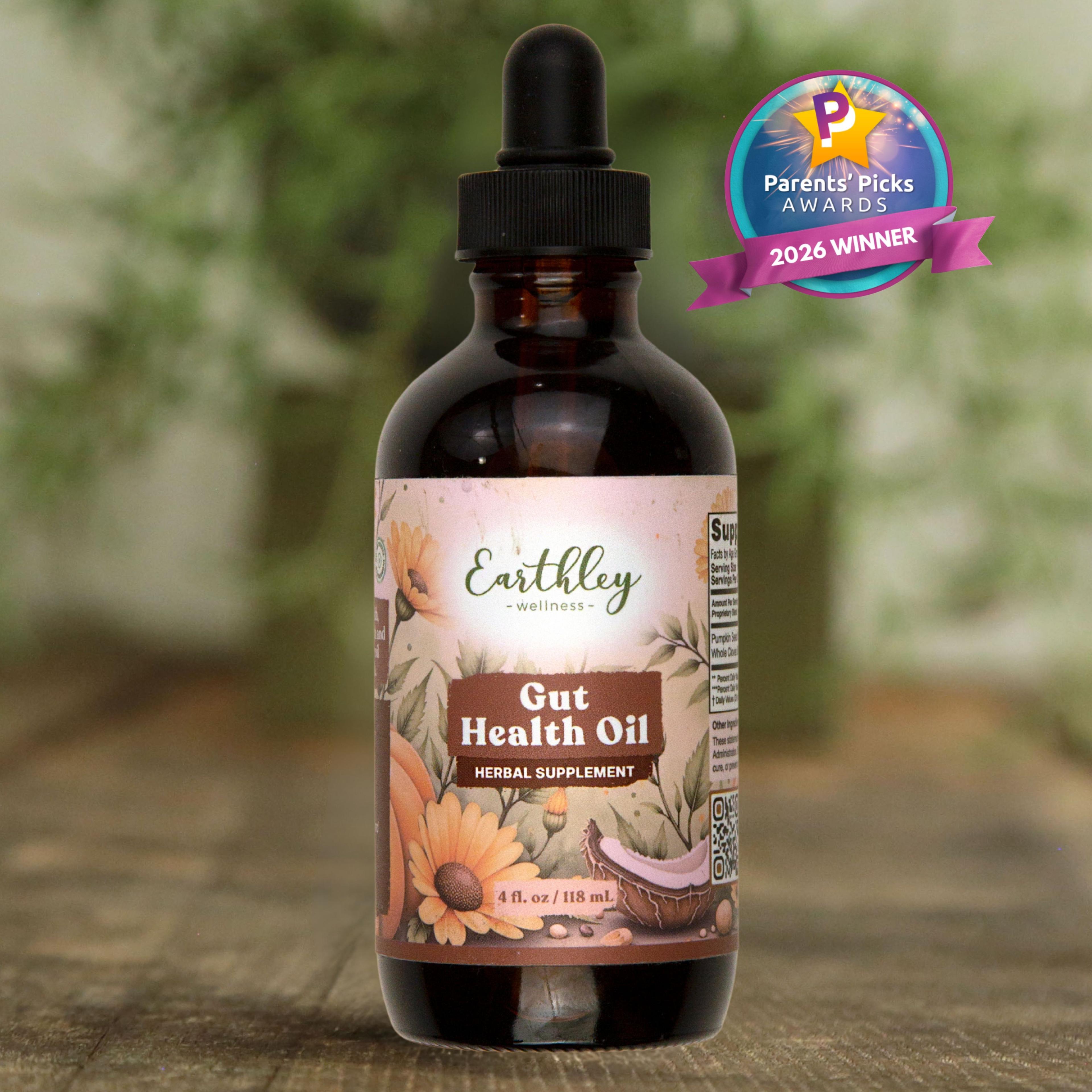 Earthley Gut Health Oil herbal supplement bottle with dropper and Parents' Picks 2026 Winner award badge