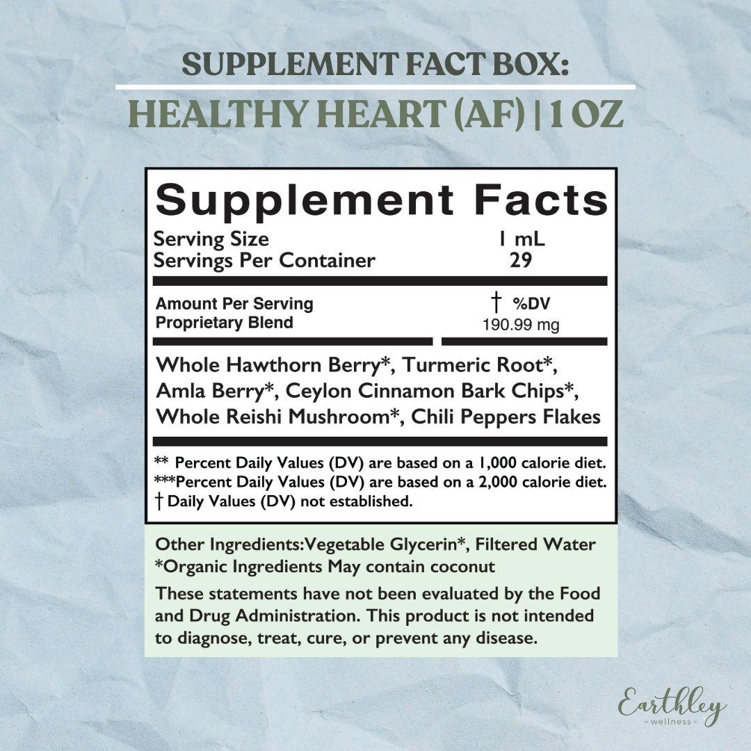 Supplement facts label for Healthy Heart tincture showing 1mL serving size, 29 servings, with hawthorn berry, turmeric, and other organic herbs