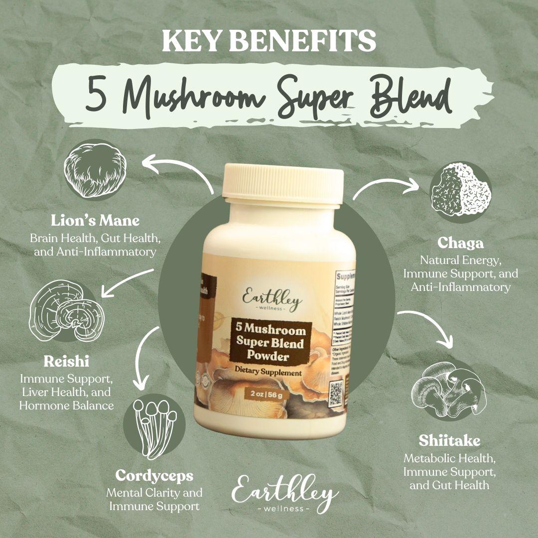 Earthley 5 Mushroom Super Blend supplement bottle surrounded by mushroom illustrations showing key benefits for immune and brain health