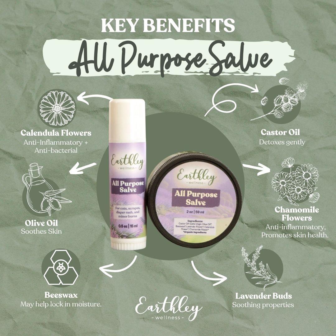 Earthley All Purpose Salve benefits infographic showing stick and jar with key ingredients: calendula, castor oil, olive oil, chamomile, beeswax, l...
