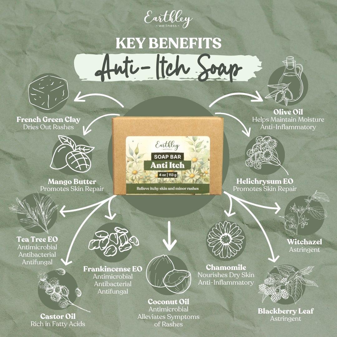 Anti-Itch Soap benefits infographic showing natural ingredients like tea tree oil, chamomile, and French green clay with healing properties