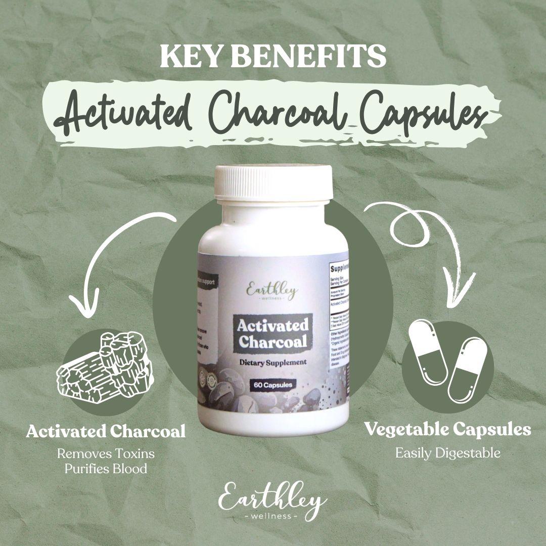 Earthley Activated Charcoal supplement bottle with key benefits: removes toxins, purifies blood, vegetable capsules